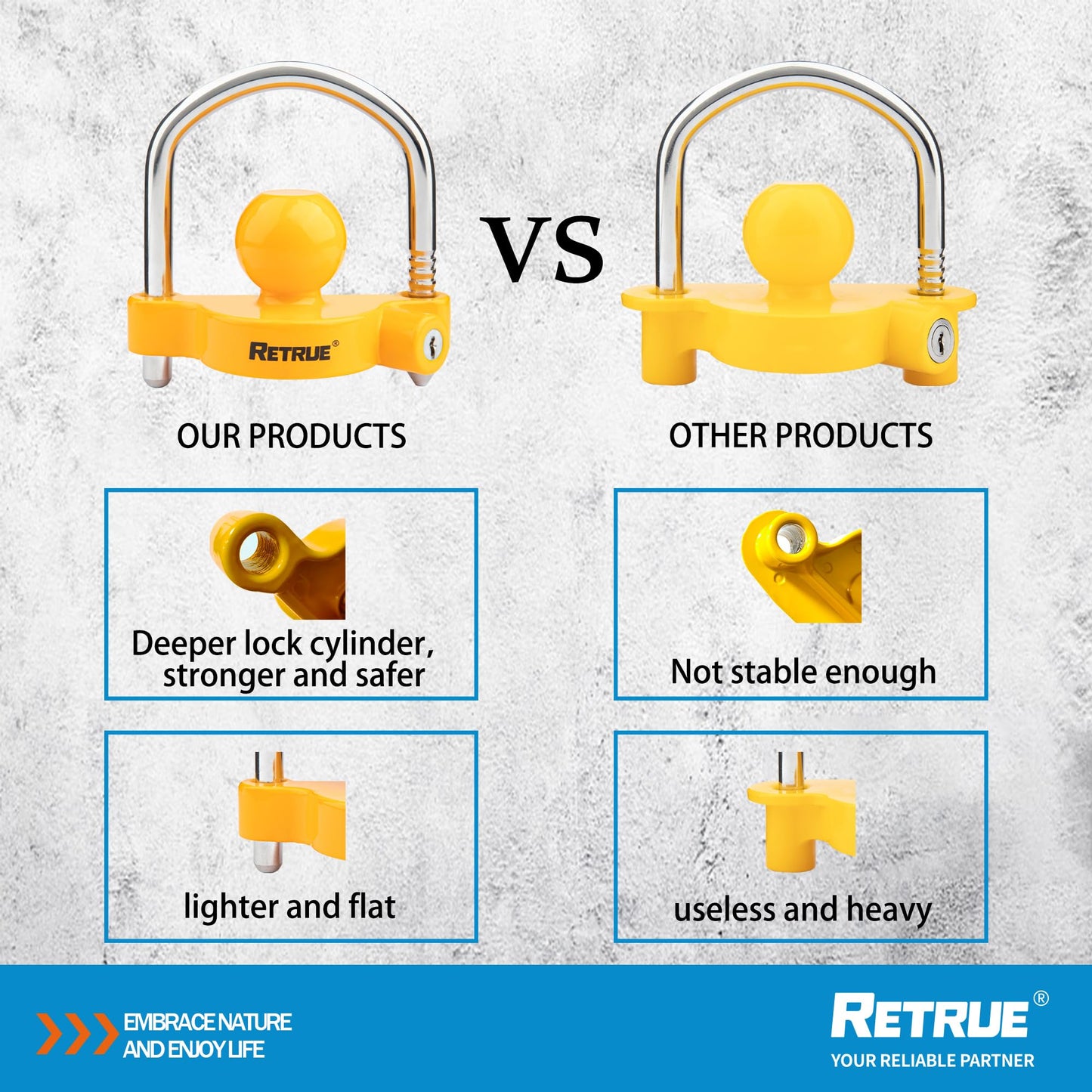 RETRUE Universal Coupler Lock Trailer Locks Ball Hitch Trailer Hitch Lock Adjustable Security Heavy-Duty Steel Fits 1-7/8 Inch, 2 Inch, 2-5/16 Inch Couplers, Yellow (Pack of 2)