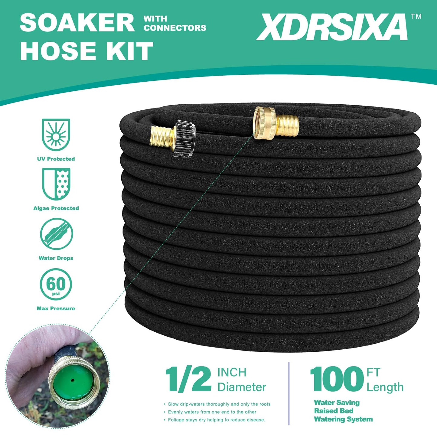 XDRSIXA Soaker Hose 100 FT For Garden Beds,Solid Brass Connector 1/2" Round Heavy Duty Garden Soaker Hose Kit Watering Hose With Holes For Vegetable/Fruit Beds, Shrubs, Lawn,Yard