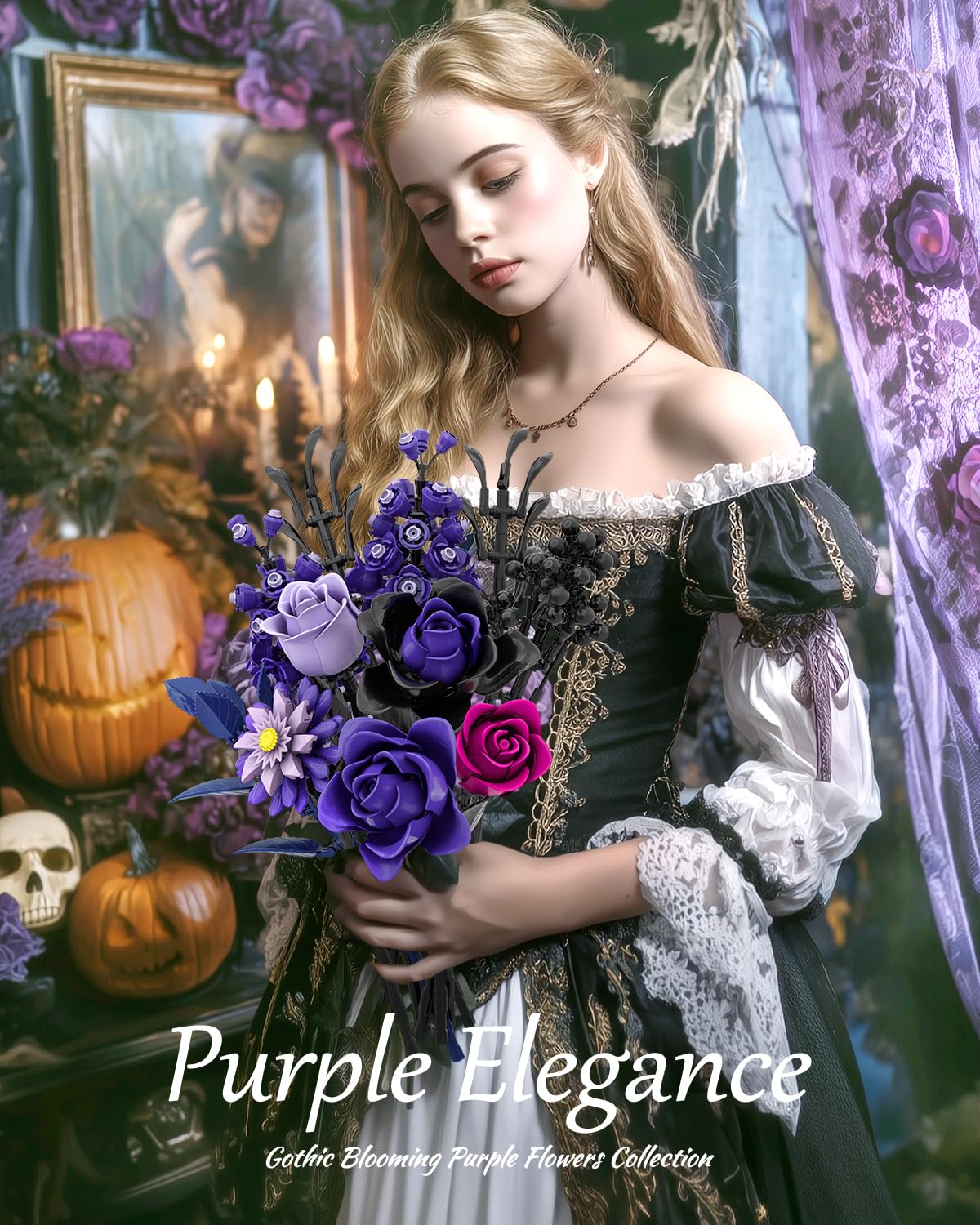 Purple Rose Bouquet Building Set, Artificial Floral Building Toys for Gothic Home Decor, Ideal Gift for Halloween & Christmas, Compatible with Lego Flower Set for Adults, Women, and Teen Girls