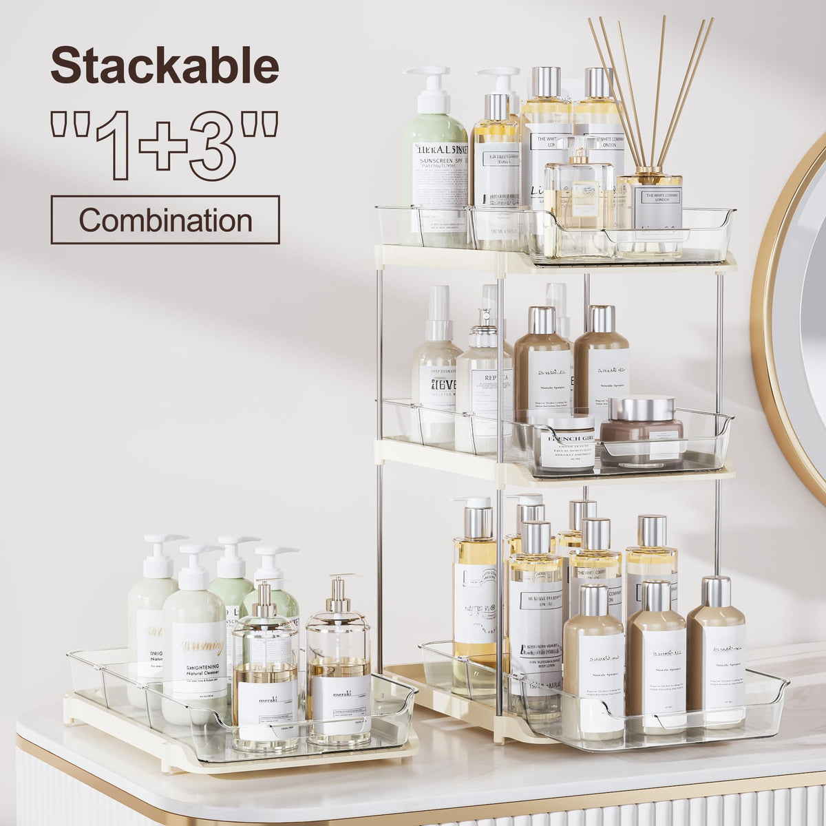 Delamu 2-Tier Multi-Purpose Bathroom Under Sink Organizers and Storage, Stackable Kitchen Pantry Organization, Pull Out Medicine Cabinet Organizer with Movable Dividers, Beige, 2 Pack