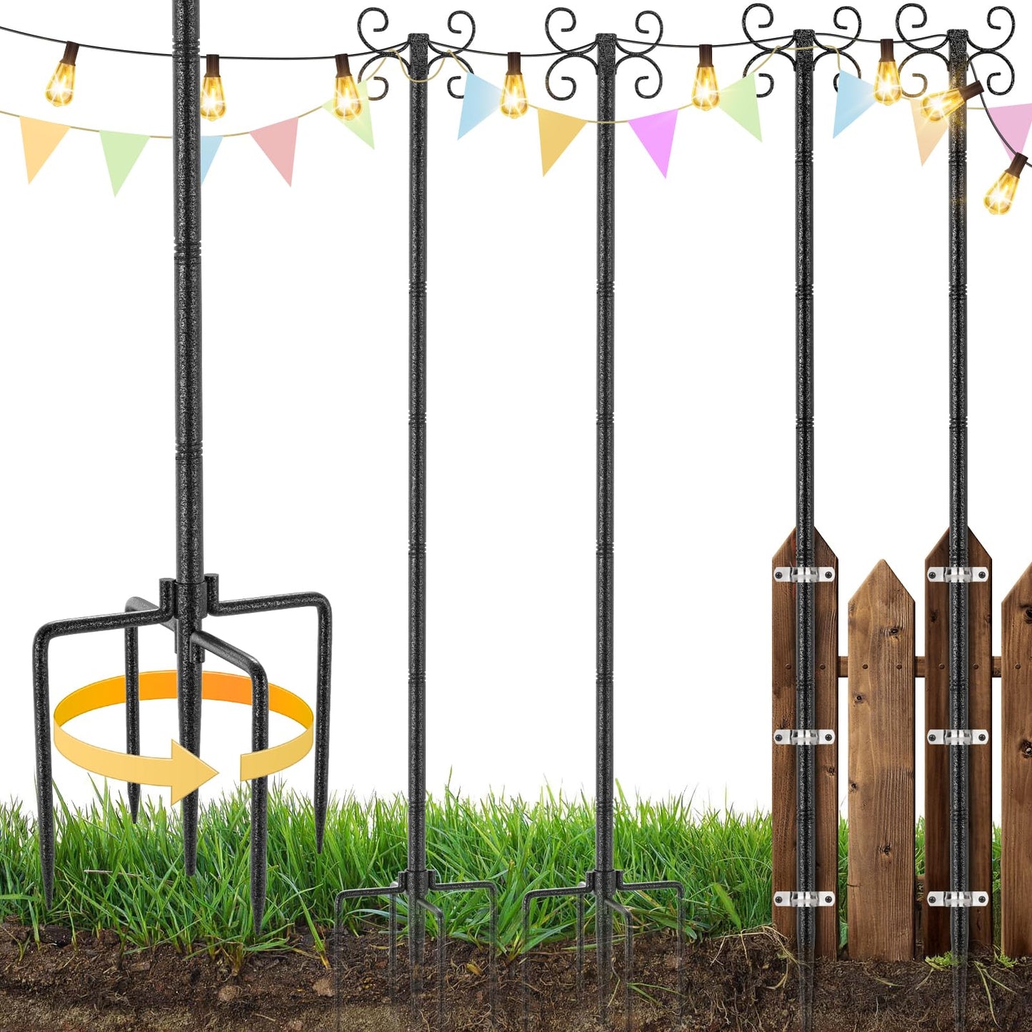 4 Pack String Light Poles, 10Ft Adjustable Height Metal Lights Pole with 4 Hooks and Rustproof, for Yard Patio Decor, Camping, Sun Shades Outdoor, Outside Decor