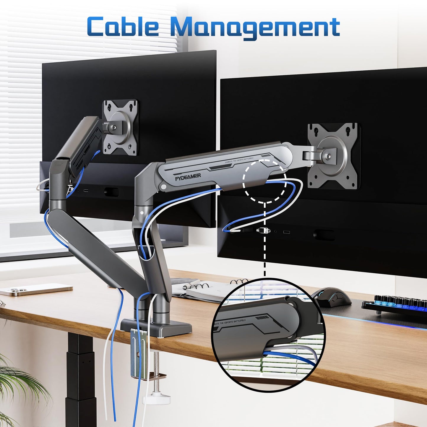 Fydeamer Dual Monitor Arm, Heavy Duty Gas Spring Monitor Mount for 17-32 Inch Screens up to 19.8lbs, Full Motion Adjustable Desk Mount with VESA 75x75/100x100mm, Gray & Black