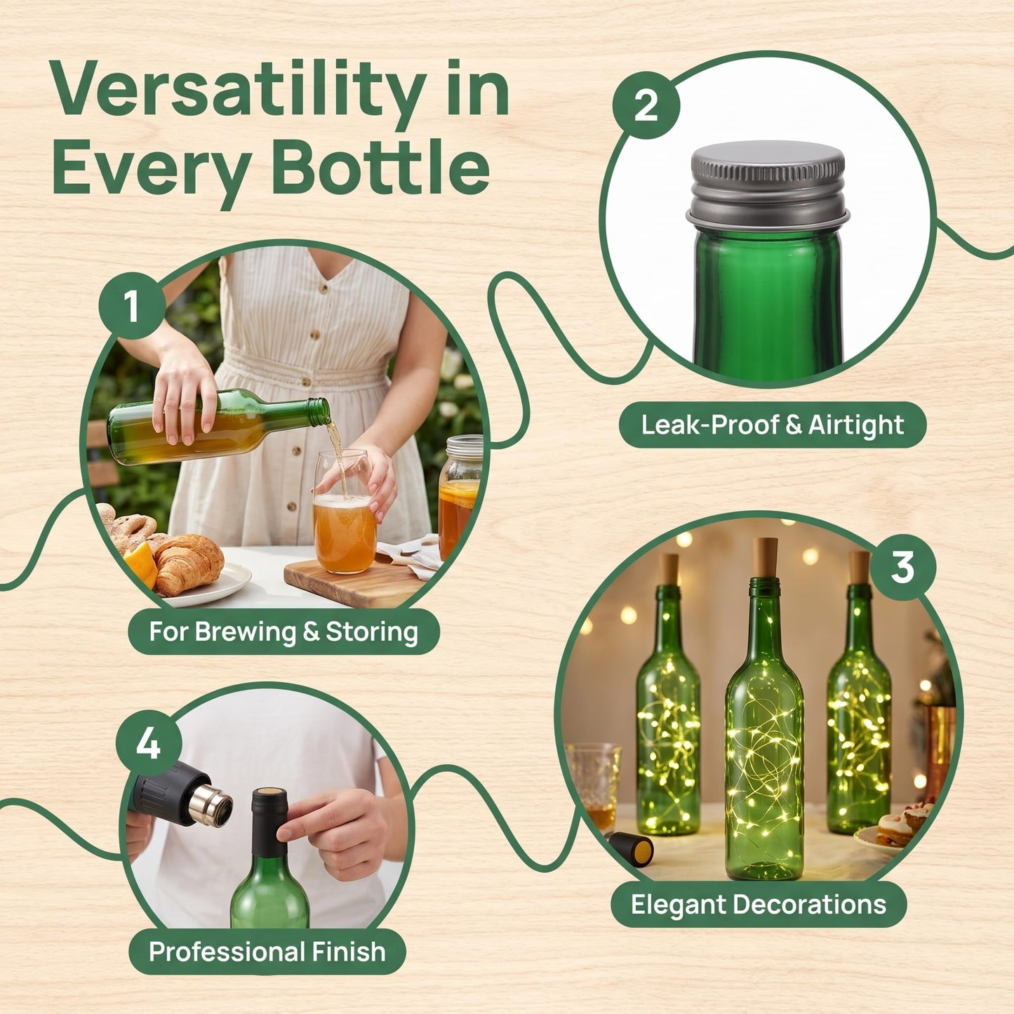 WUWEOT 12 Pack Plastic Wine Bottles, 750ml Empty Bordeaux-Style Liquor Bottles, Reusable Green Long Neck Wine Bottles with Screw Lid and Shrink Capsules Caps
