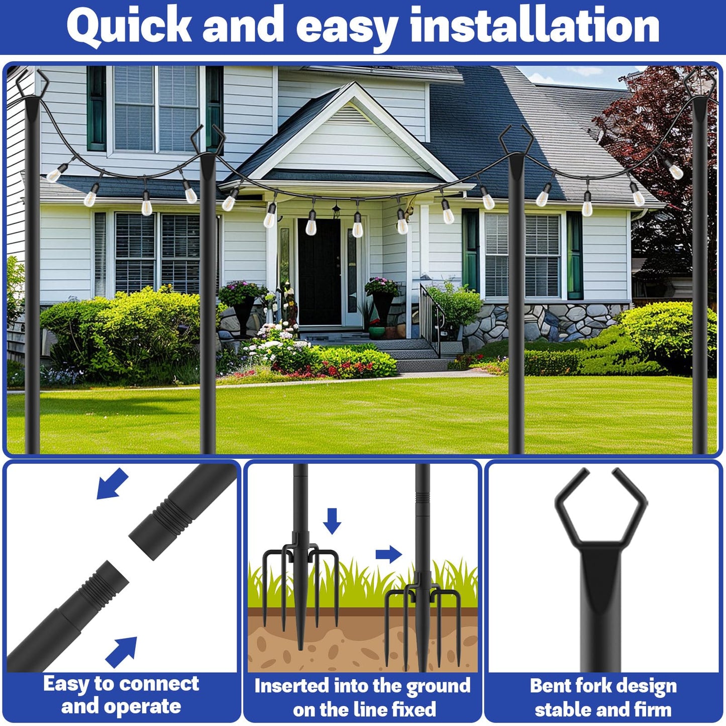 6 Pack 10 ft Heavy Duty Metal String Light Poles Adjustable Outdoor Lighting Stand for Patio,Backyard,Garden,Party & Wedding Rustproof & Sturdy with Hooks (6 Pack)