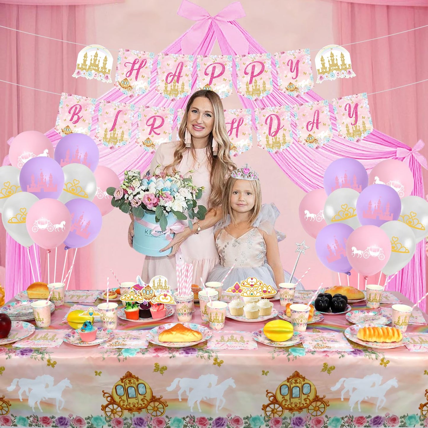 Princess Birthday Party Supplies, Includes Banner, Plates, Tulle, Napkins, Cake Toppers, Crowns, Wands, Balloons, Tablecloths, for Girls Princess's Themed Baby Shower Decorations, Serve 20 (Style A)
