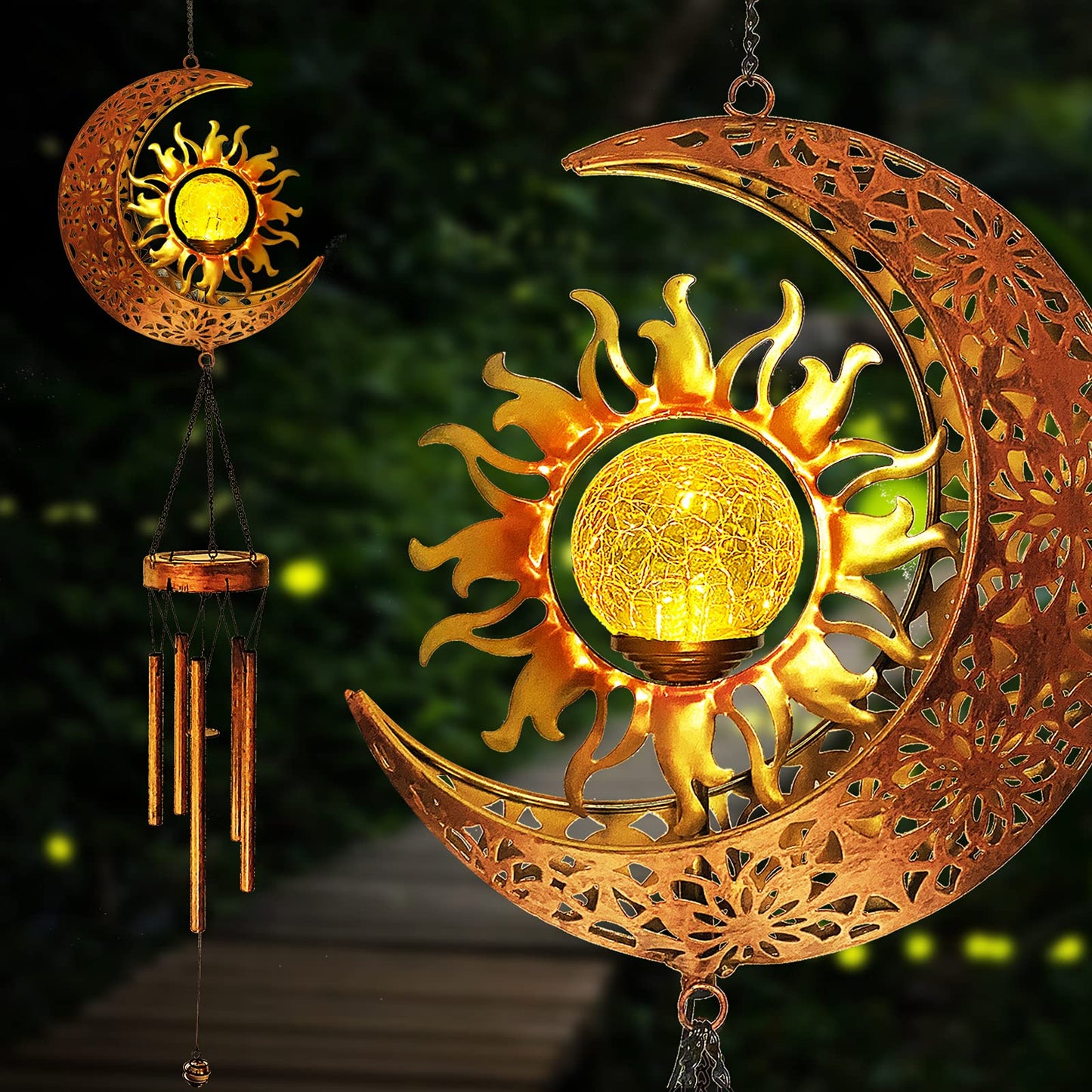 Solar Wind Chimes,Outside Moon Sun Lights Waterproof Wind Chime for Garden, Tree, Patio Hanging Decor