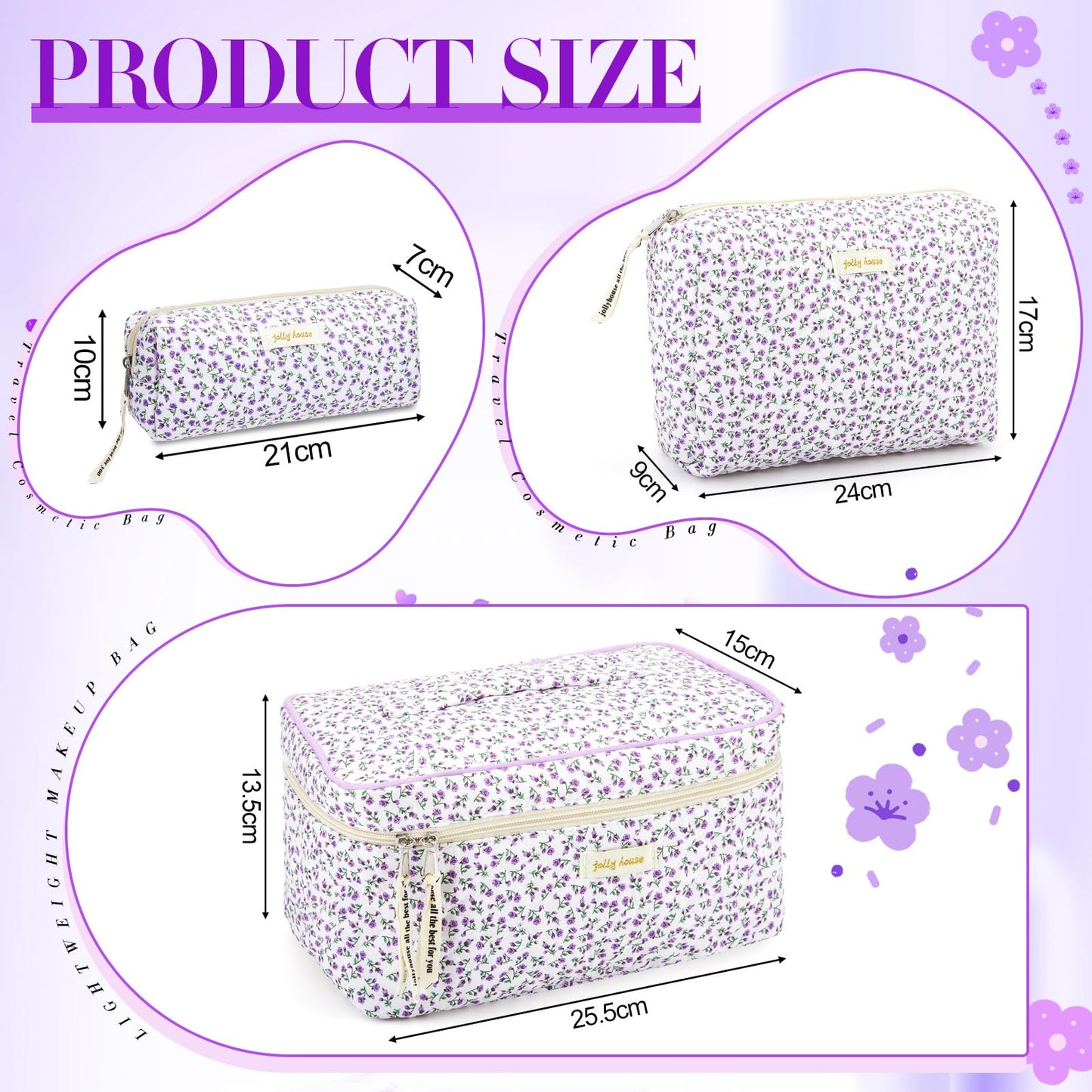 Zeyune 3 Pcs Makeup Bag Quilted Cosmetic Bags Large Floral Makeup Bag Set for Women Cotton Flower Travel Toiletry Storage Cute with Zipper for Women Mom Birthday Gift Home Bathroom(Flower)