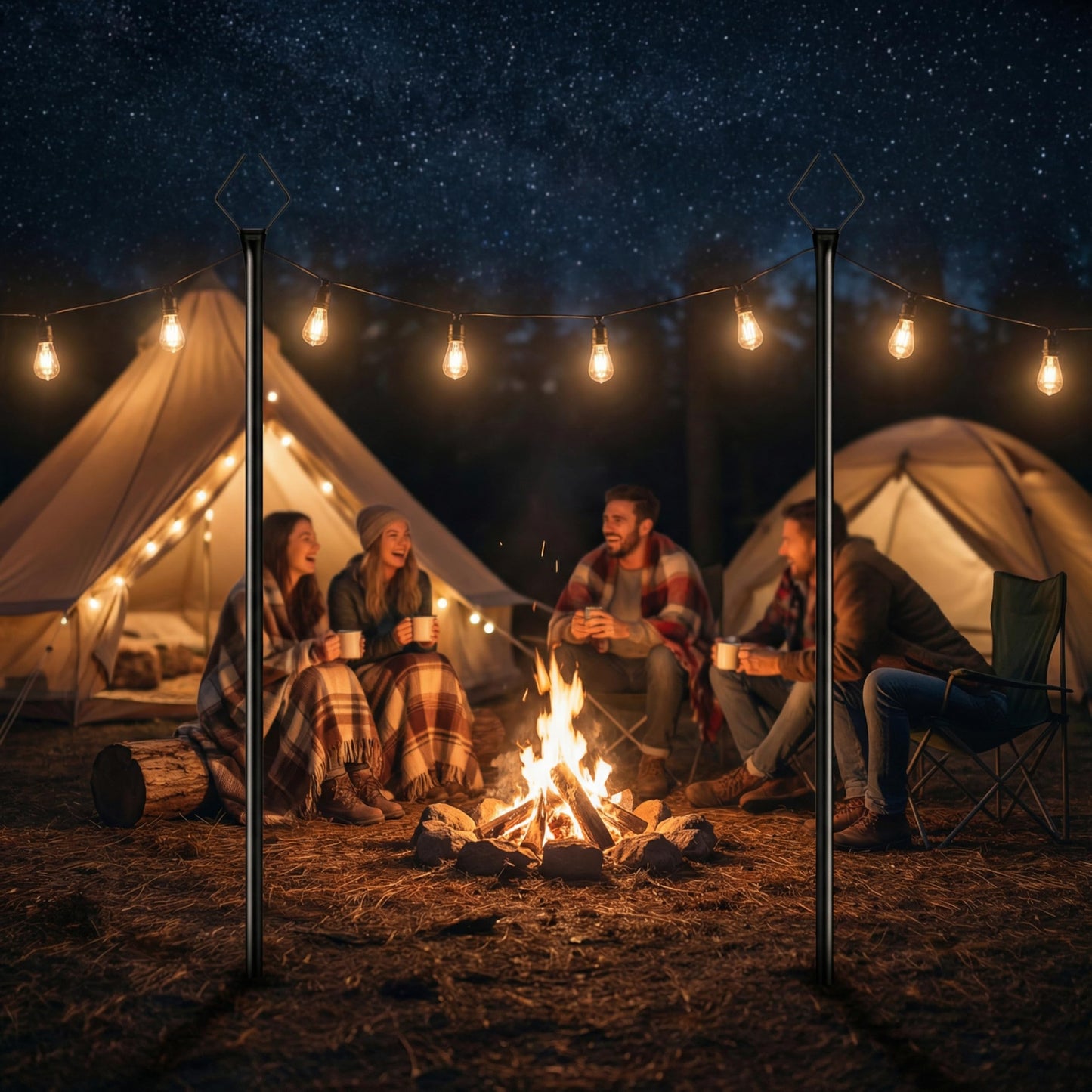 10FT String Light Poles 4 Pack, Outdoor Metal Light Stands with Fence Brackets for Hanging Lights, Patio, Pergola, Garden, Backyard, Yard & Camping Use