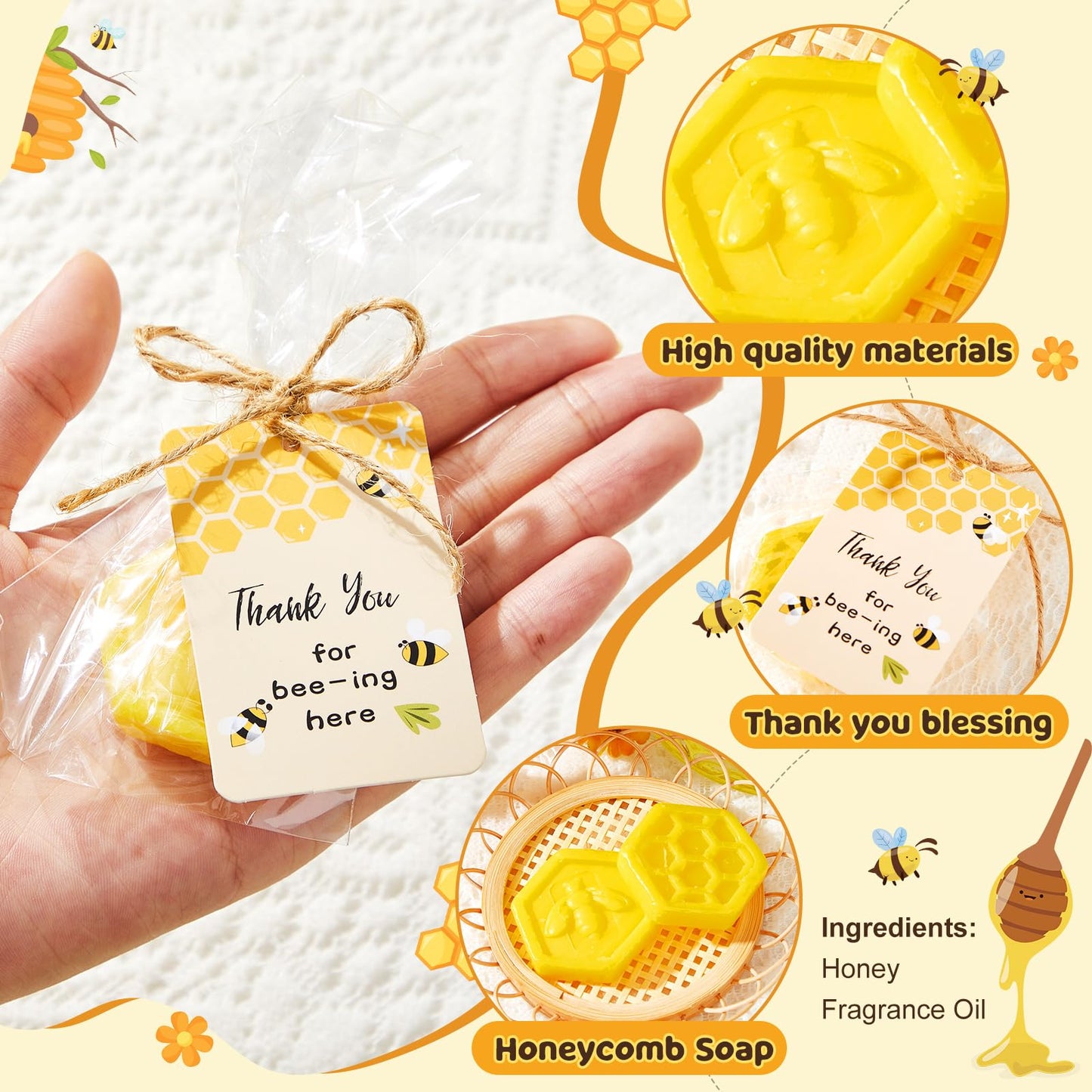 Otuuz 48 Pcs Baby Shower Favors Bee Party Favors Including Honeycomb Soap with Thank You Card Gift Honey Soap for Guest Gender Reveal Honey Gift Birthday Party Decorations (Yellow)