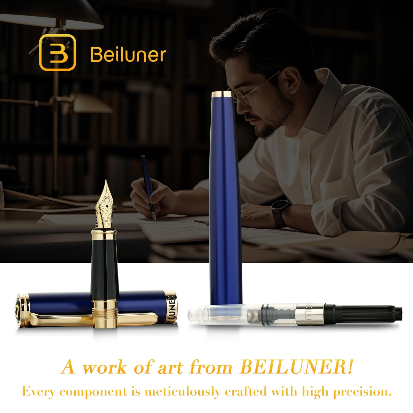 BEILUNER Blue Fountain Pen,Stunning Luxury Lacquer, 24K Gilded Nib(Fine),Gorgeous 24K Gold Accents, with Ink Converter,Fancy Gift for Men&Women-Smooth,Elegant,Graduation,Reliable,Nice Pens for Writing