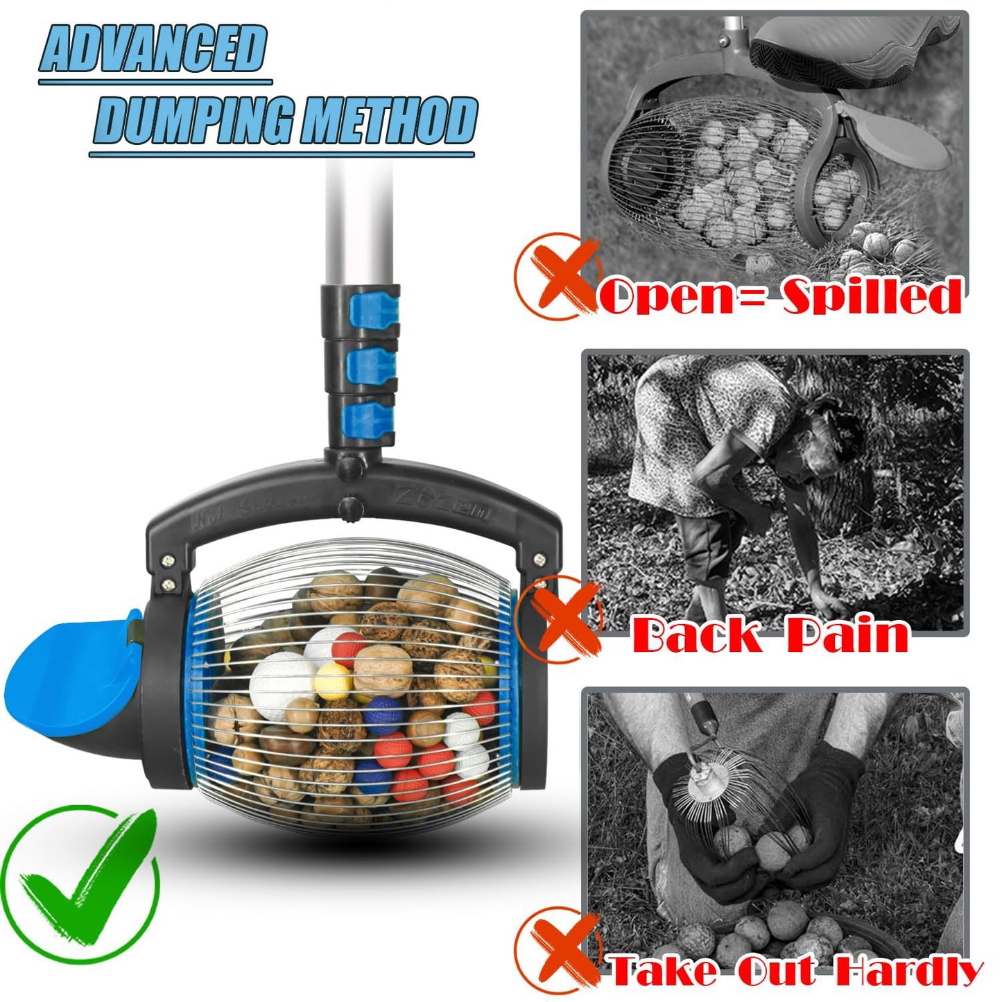 Zozen Nut Gatherer, Acorn Picker Upper, Pecan Picker Upper - Directly Dump Outlet, Apply to Acorn, Pecan, Buckeyes, Hickory Nuts, Nerf Balls, Golf Balls, Objects Size 3/8'' to 1''; 1 Gallon