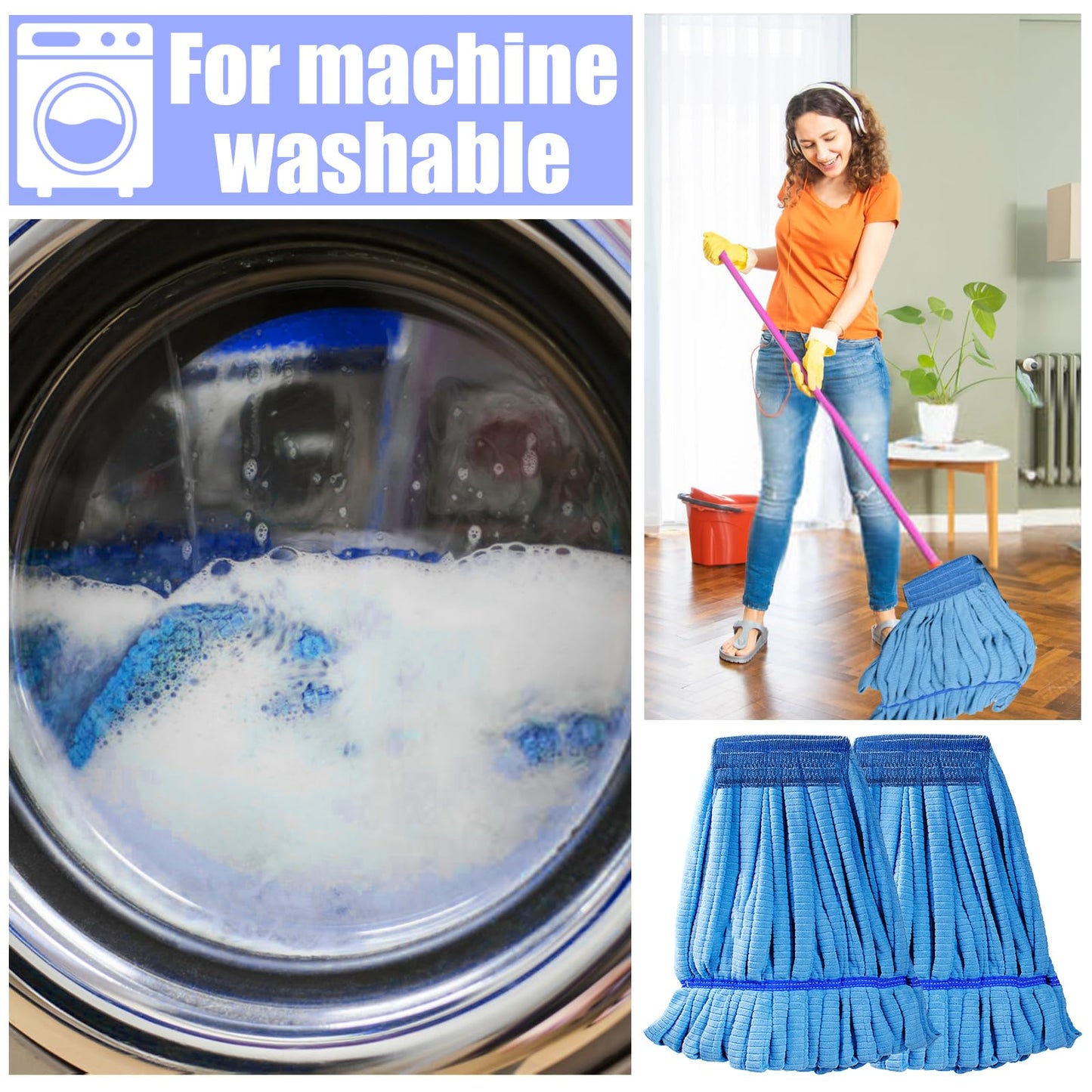 TANEMUDO 5 Pcs Commercial Mop Head Replacement Tube Microfiber Mop Heads with Looped End Large Commercial Mop Head Refill for Wet Floor Cleaning in Industrial Commercial and Home Use (Blue)