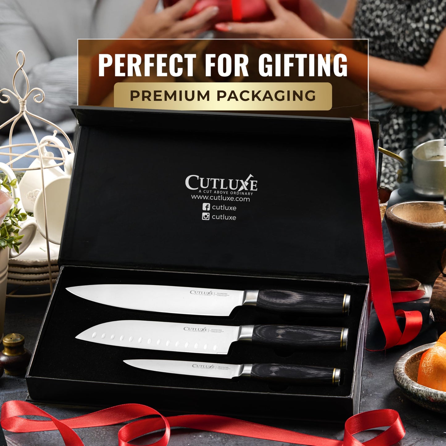 Shinobi Chef Knife Set, Professional 3 PCS Kitchen Knife Set – Japanese Kitchen Knife Design, Razor Sharp High Carbon Stainless Steel Blades, Ergonomic Pakkawood Handles, Full Tang by Cutluxe