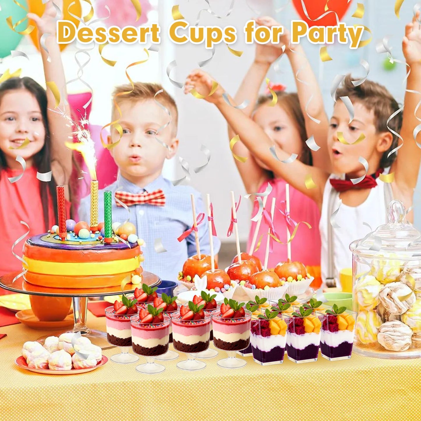 mwellewm 300 Pack Mini Plastic Dessert Cups with Spoons, 5 OZ Square Parfait Glasses for Party, Reusable Fruit Ice Cream Pudding Appetizer Bowls