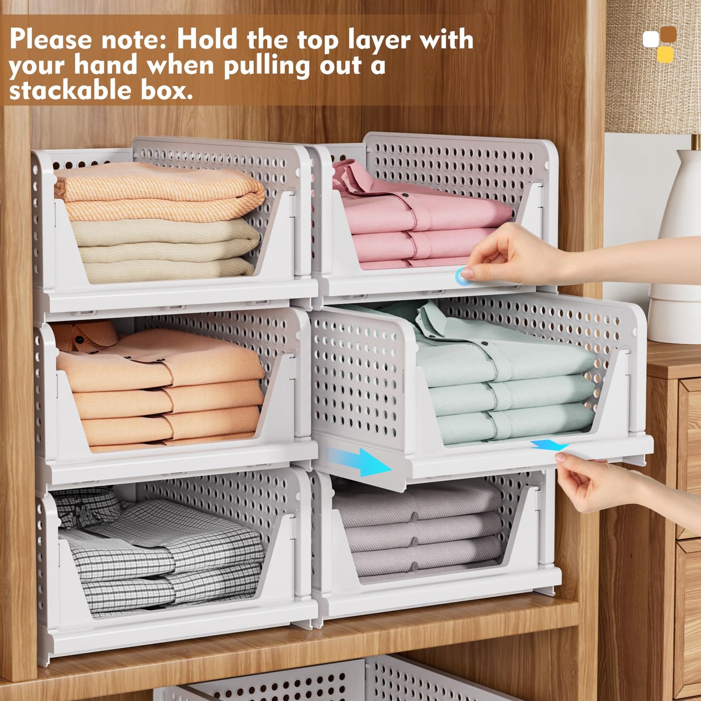 SNSLXH 5 Pack White Stackable Closet Organizer Box, Multifunctional & Foldable Storage Basket for Bathroom, Kitchen, Laundry Room, Wardrobe, Space-Saving Clothes Storage Drawer Organizer