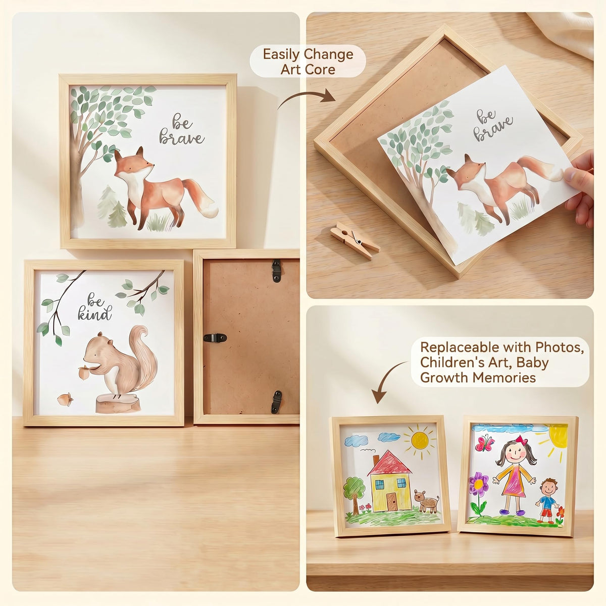 ArtbyHannah Framed Woodland Nursery Wall Decor, Safari Nursery Decor with Inspirational Quotes, Cute Animals Prints in 10x10 inch Wood Picture Frames with Acrylic Panel for Baby Room, Kids Playroom, Light-Wood Decoration（4 Pack, Fox, Owl, Squirrel, Bear)
