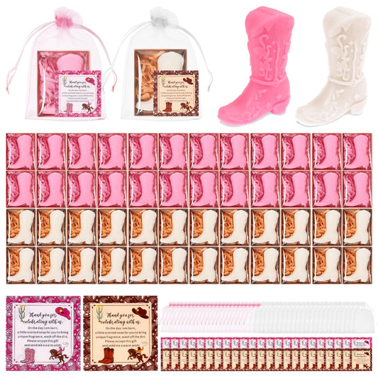 50 Sets Cowboy Boot Soaps, Western Party Favors Soap Handmade Scented Soap with Thank You Cards and Organza Bags for Guests Christening Favors Party Gender Reveal Return Gift (Pink, Brown)