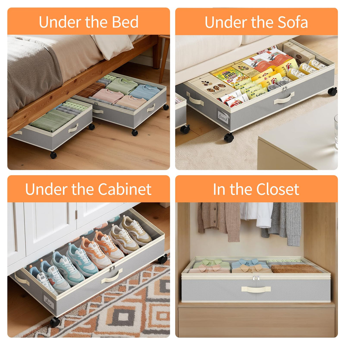 Yecaye 80L Under Bed Storage with Wheels, 2 Pack Under Bed Storage Containers with Lid, Rolling Underbed Storage Drawer, Metal Under Bed Shoe Storage for Clothes, Shoes, Blankets, Grey