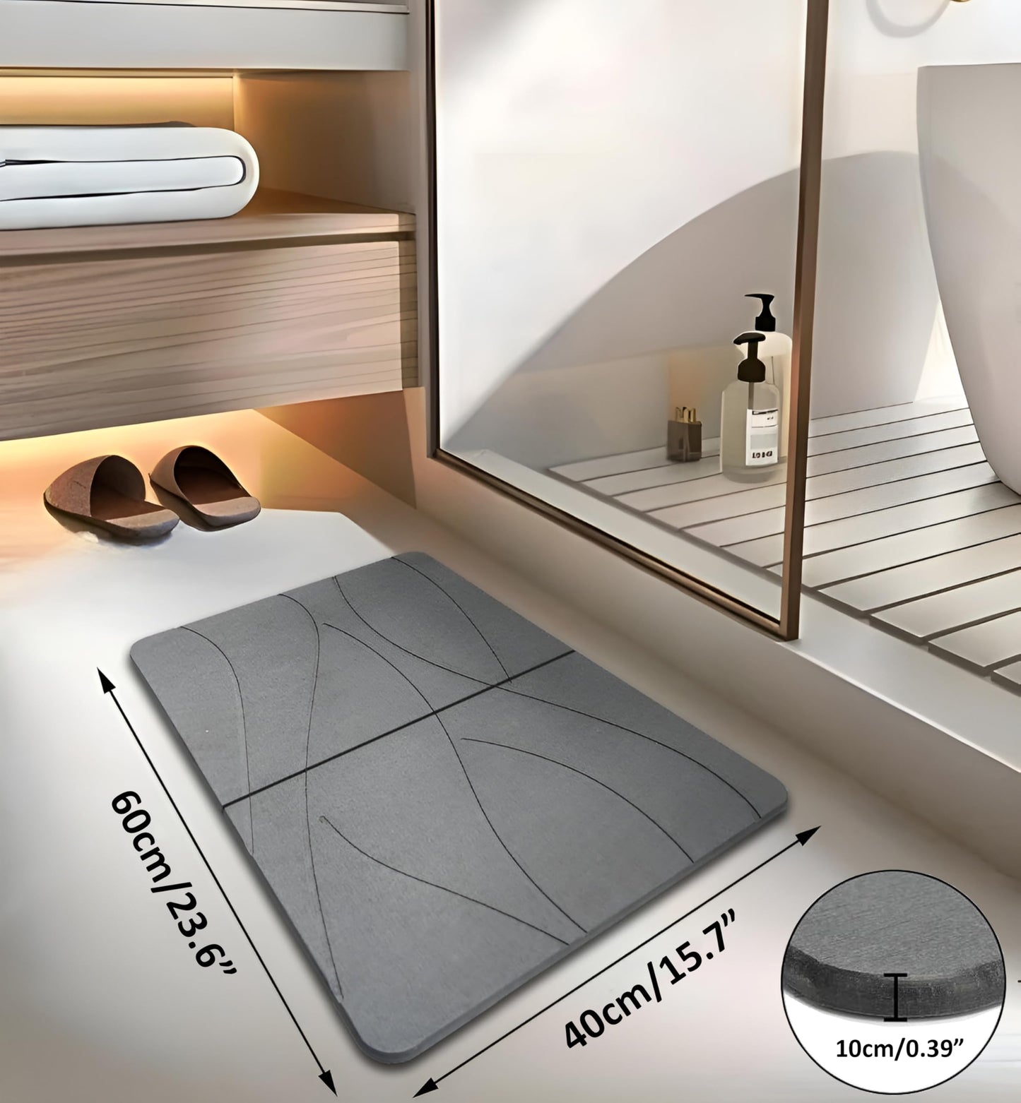 Stone Bath Mat, Diatomaceous Earth Bath Mat Stone with Fast Drying, Foldable Quick Dry Diatomite Bath Stone Mat for Bathroom, Non-Slip, Easy to Clean, 60cm x 40cm (Grey)
