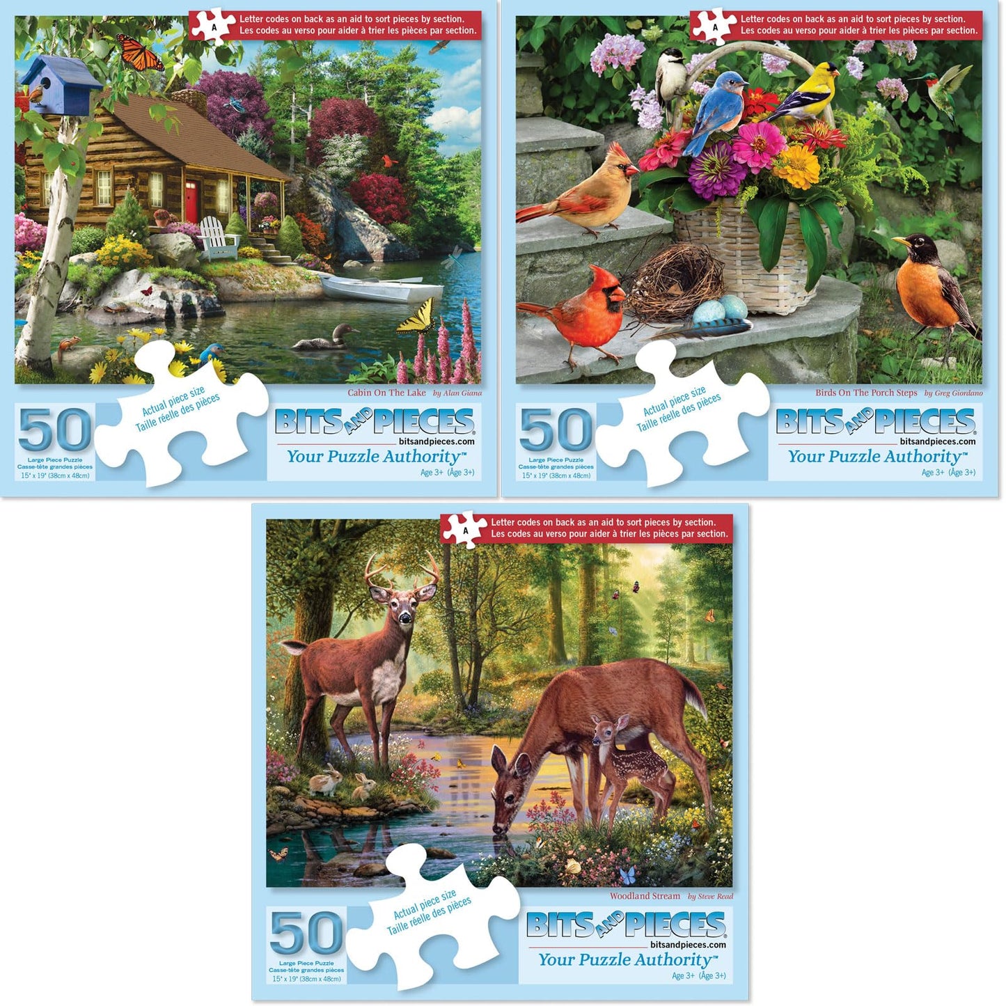 Bits and Pieces - Value Set of Three (3) - 50 Piece Jigsaw Puzzles for Seniors - Lettered Large Piece 50 pc Nature Jigsaws Bundle - 15” x 19” (38 cm x 48 cm) Each