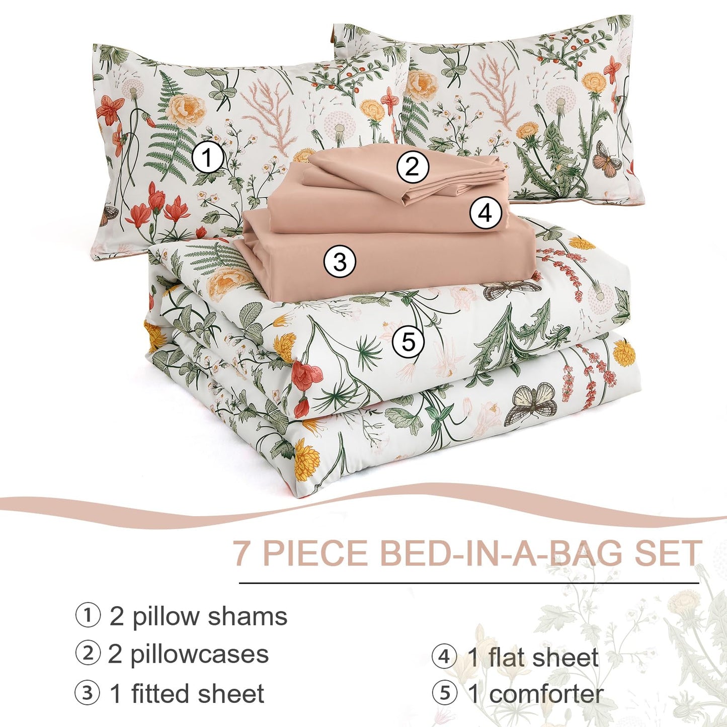 Yiran 7 Piece Floral Comforter Set King Size, White Green Summer Comforter Bedding Set, Botanical Bed in a Bag with Flowers Pattern, Soft Microfiber Complete Bedding Set with Sheets for All Season