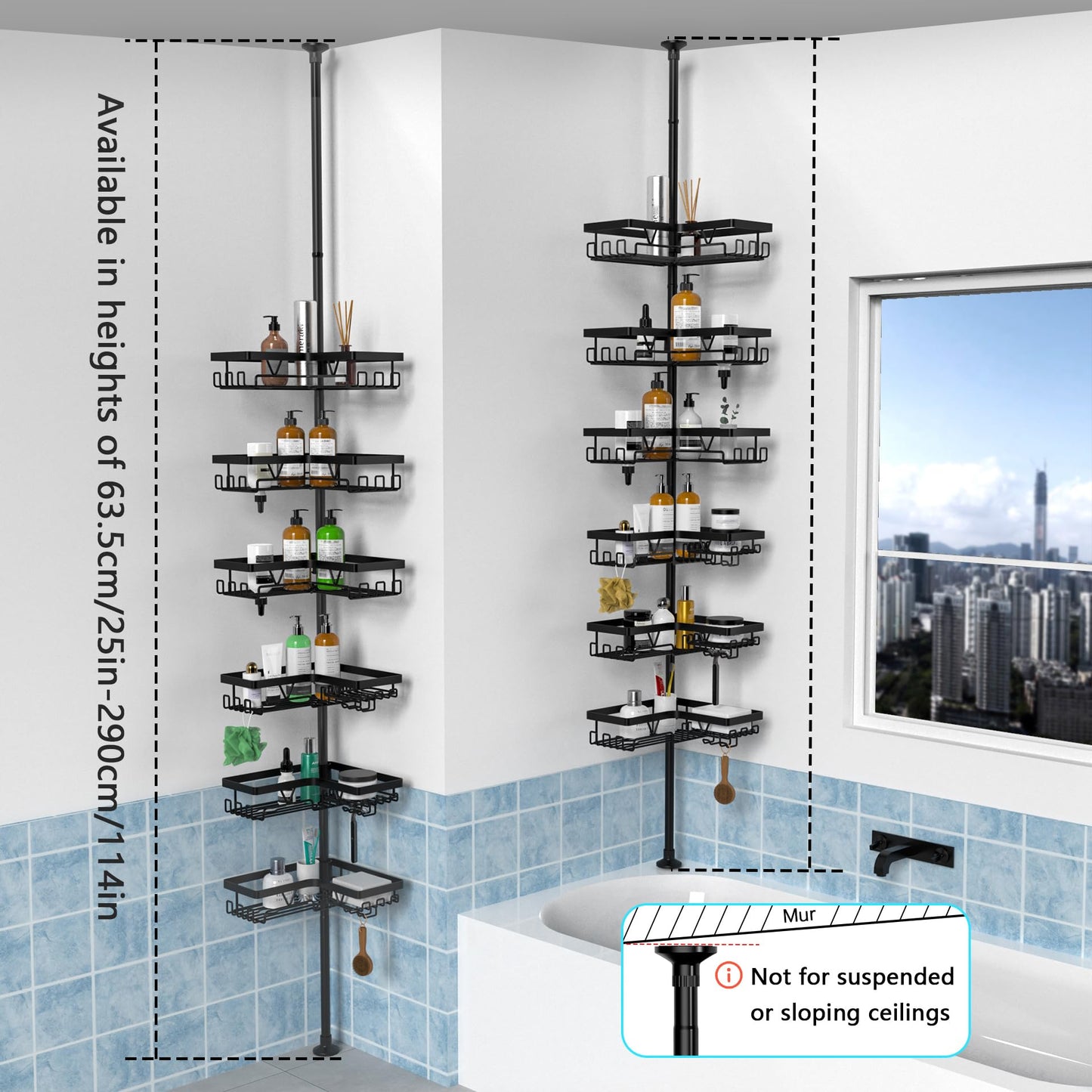 KEGII 6-Tier Corner Shower Caddy Tension Pole - Shower Tension Rod Organizer, Floor to Ceiling Shower Caddy 25-114.2 inch, Black