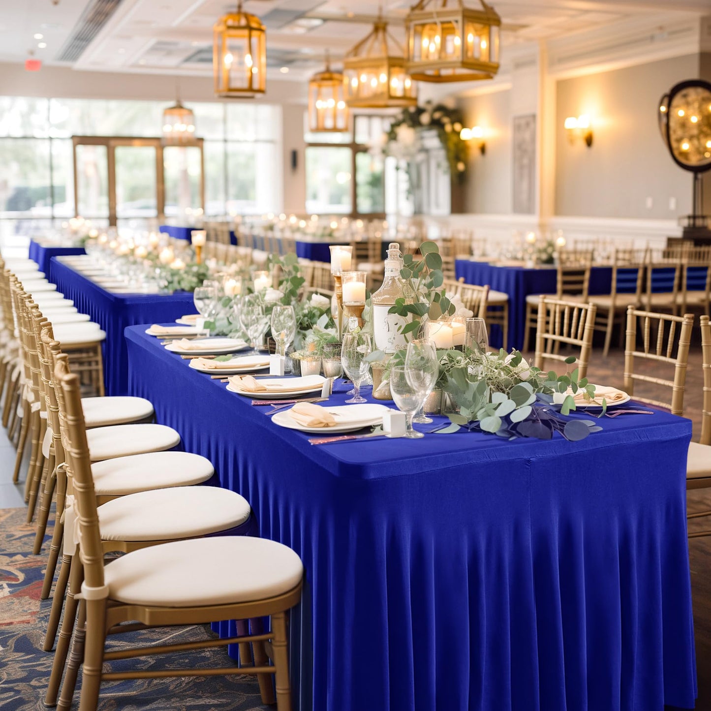 6 Packs Royal Blue Table Clothes for 6 Foot Rectangle Tables, One-Piece Wrinkle Resistant Stretch Spandex Table Covers with Skirt for Event Banquet Wedding Birthday Party