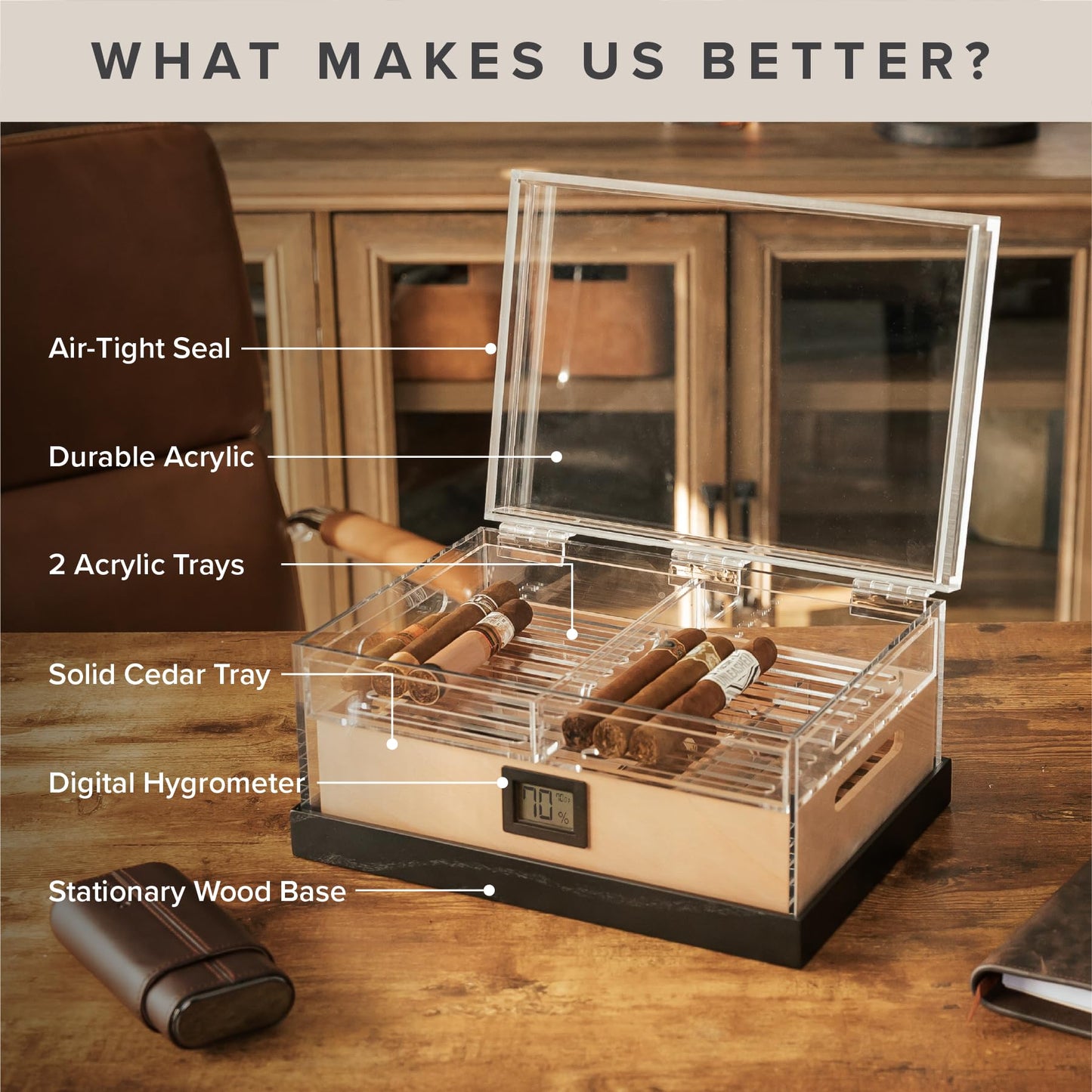 CASE ELEGANCE - Felix Pro Tupperdor - Airtight Acrylic Humidor, Two Trays, Spanish Cedar Tray, Ash Wood Base, Includes Humidity Pack, Digital Hygrometer, Acrylic Divider - Holds 50-60 Cigars