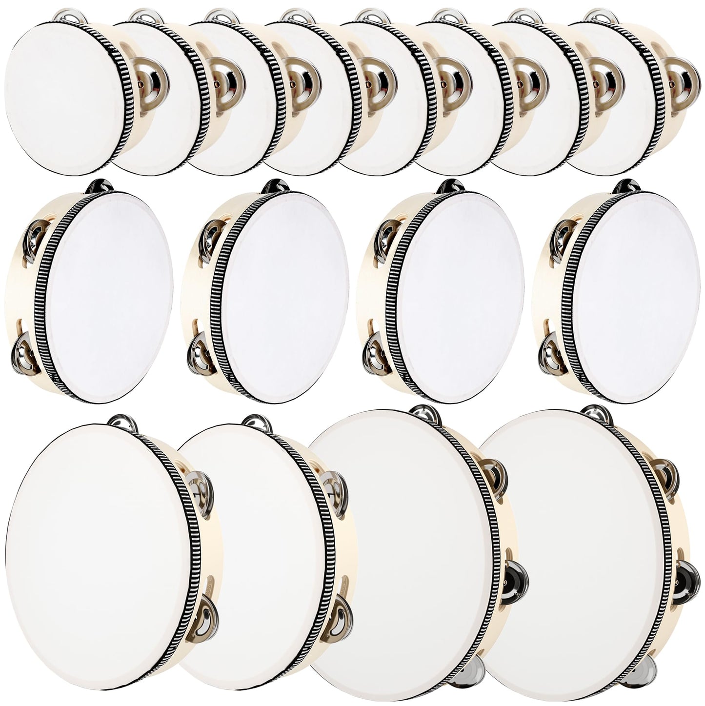 16 Pcs Tambourine Set for Adults Handheld Drum Bell Wood Tambourine with Metal Jingles Musical Percussion Instrument Church Wedding Party Gift, 4 Size