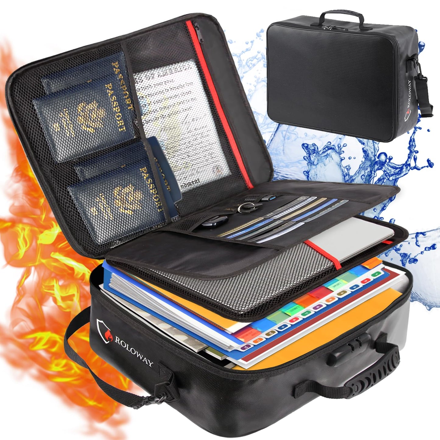 ROLOWAY-Fireproof Document Bag with Lock, Fireproof Document Safe Organizer, Fireproof File Storage Bag, Fireproof Bag with Multi Layer Portable File Organizers for Travel Black