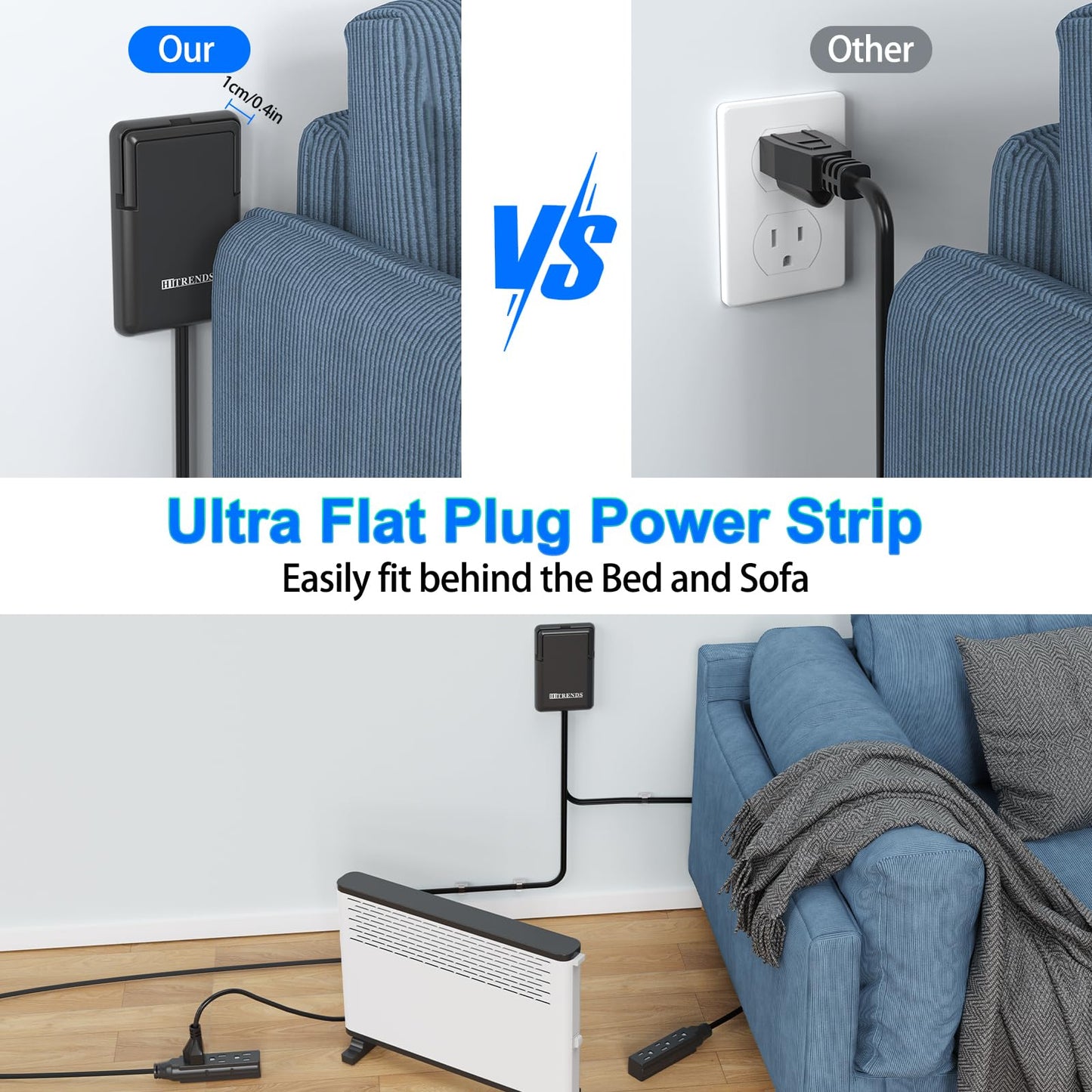 6FT Ultra Flat Plug Dual Extension Cord with 6 Outlets, Ultra-Thin Outlet Cover Power Bar, Outlet Concealer Universal Size Flat Plug Power Strip, Child & Pet Safe, 1625W, Black