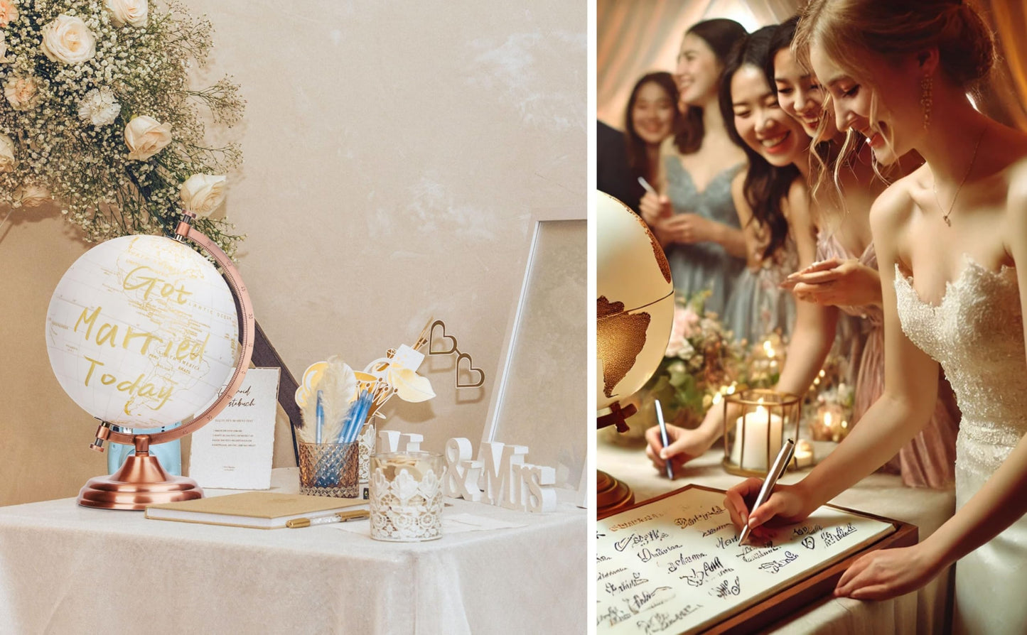 Exerz 20cm(8") Globe Golden and White - Wedding Globe Guest Book - Bronze Metal Arc and Base, Coated in Golden Colour in White (English)