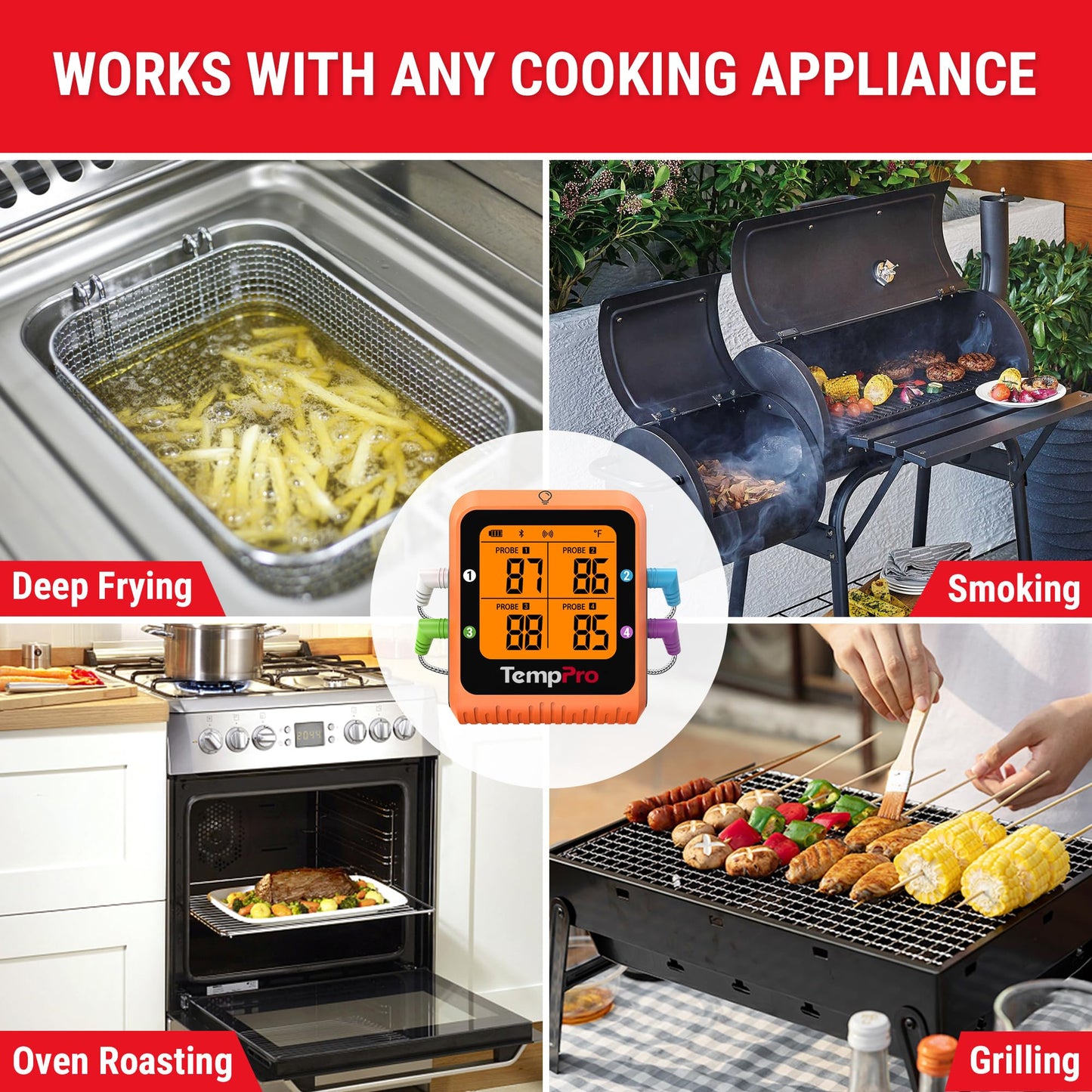 ThermoPro TP930 650FT Wireless Meat Thermometer, Bluetooth Meat Thermometer with 4 Color-Coded Meat Probes, Grill Thermometer with Timer, Smart Meat Thermometer Wireless for BBQ Oven Smoker