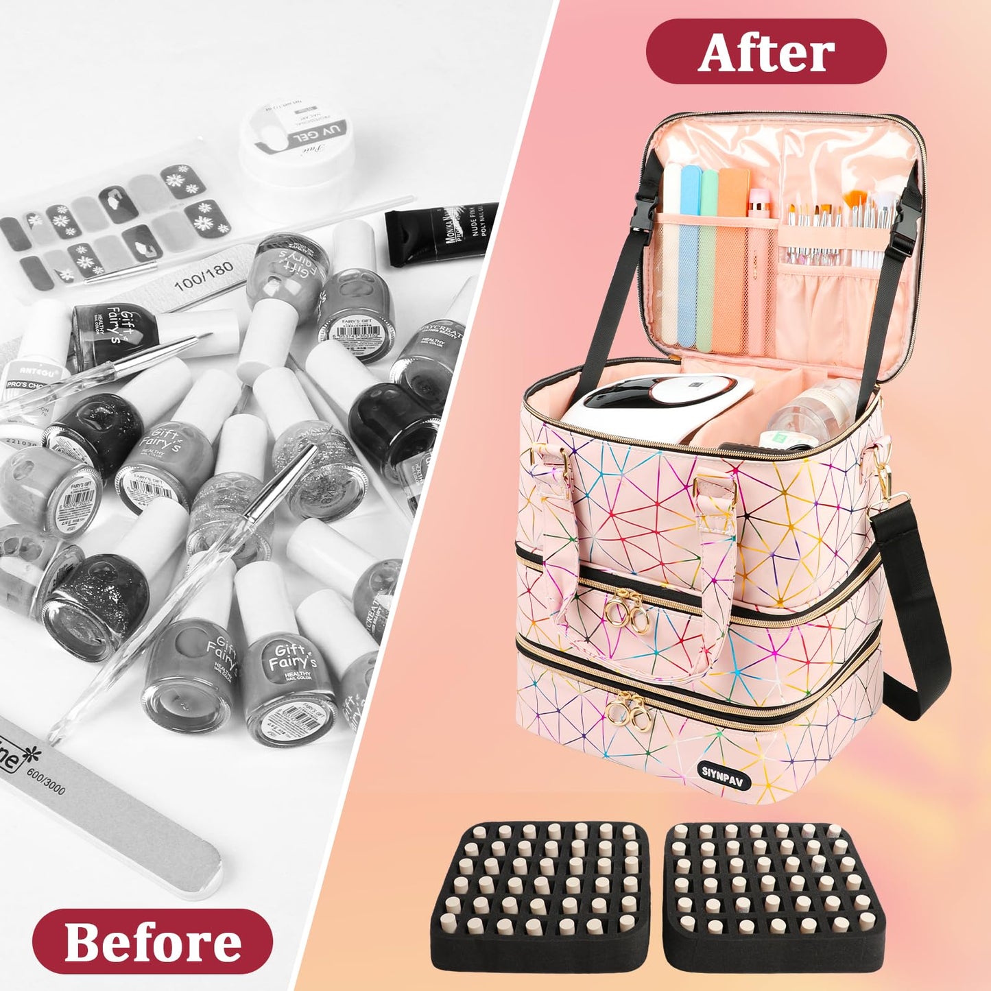 SIYNPAV Nail Polish Organizer, Pink, XL Large-84 Bottles, Three Layer Detachable Nail Polish Bag Organizer Carrying Case With Shoulder& Holder Strap