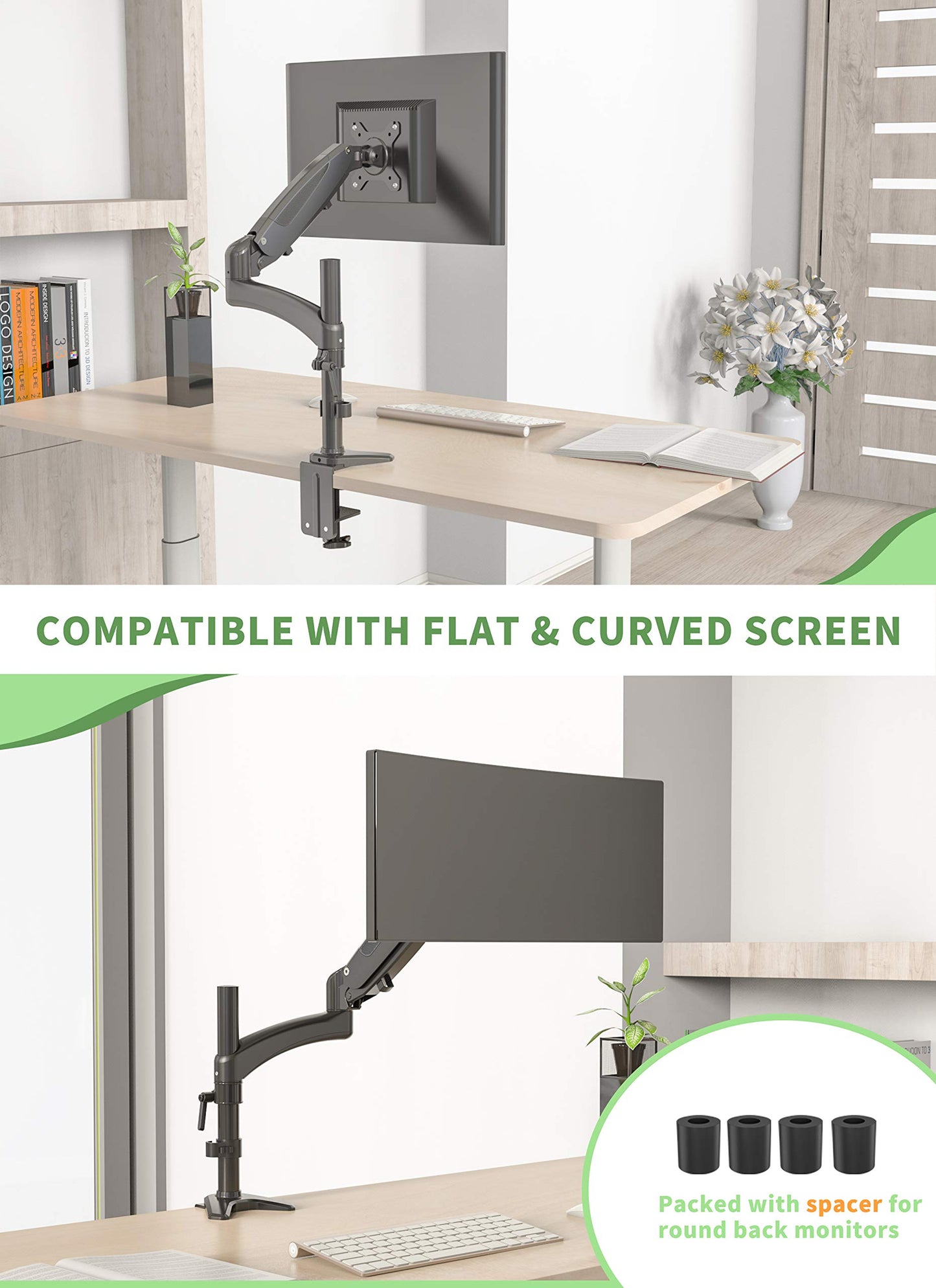SHOPPINGALL Fully Adjustable Single Gas Spring LCD Monitor Arm Desk Mount Stand with Swing Arm for 15"-32" Monitor, Both Desk Clamp and Grommet Mounting Options in The Box - SA-GM112D-Black