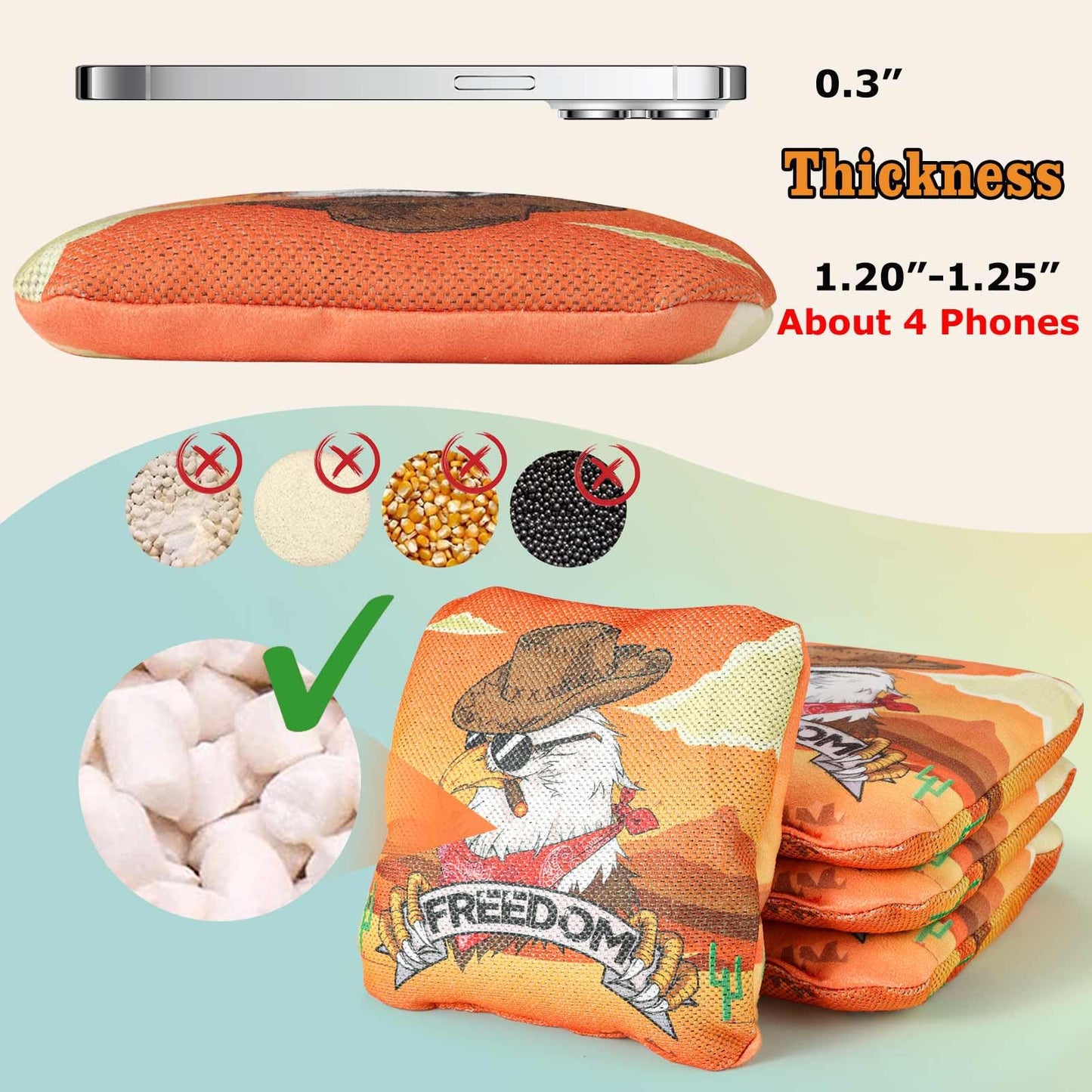 EunHo Cornhole Bags Regulation Dual Sided Set of 8, Non-Dusty Cornhole Bean Bags Slick & Sticky Side Bags with Carry Bag (Cow/Eagle)