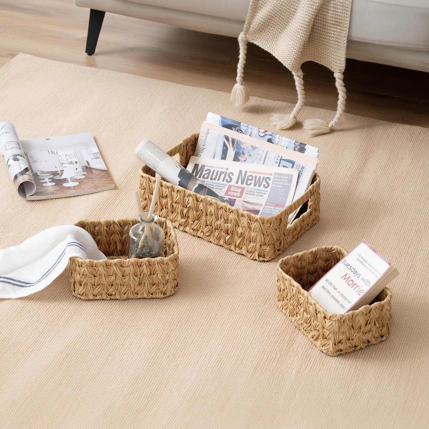 GRANNY SAYS Wicker Storage Baskets for Shelves, Pack of 3 Woven Baskets Storage Organization, 1 Large Wicker Basket and 2 Small Handwoven Baskets for Organizing, Panier Rangement Osier, Nature