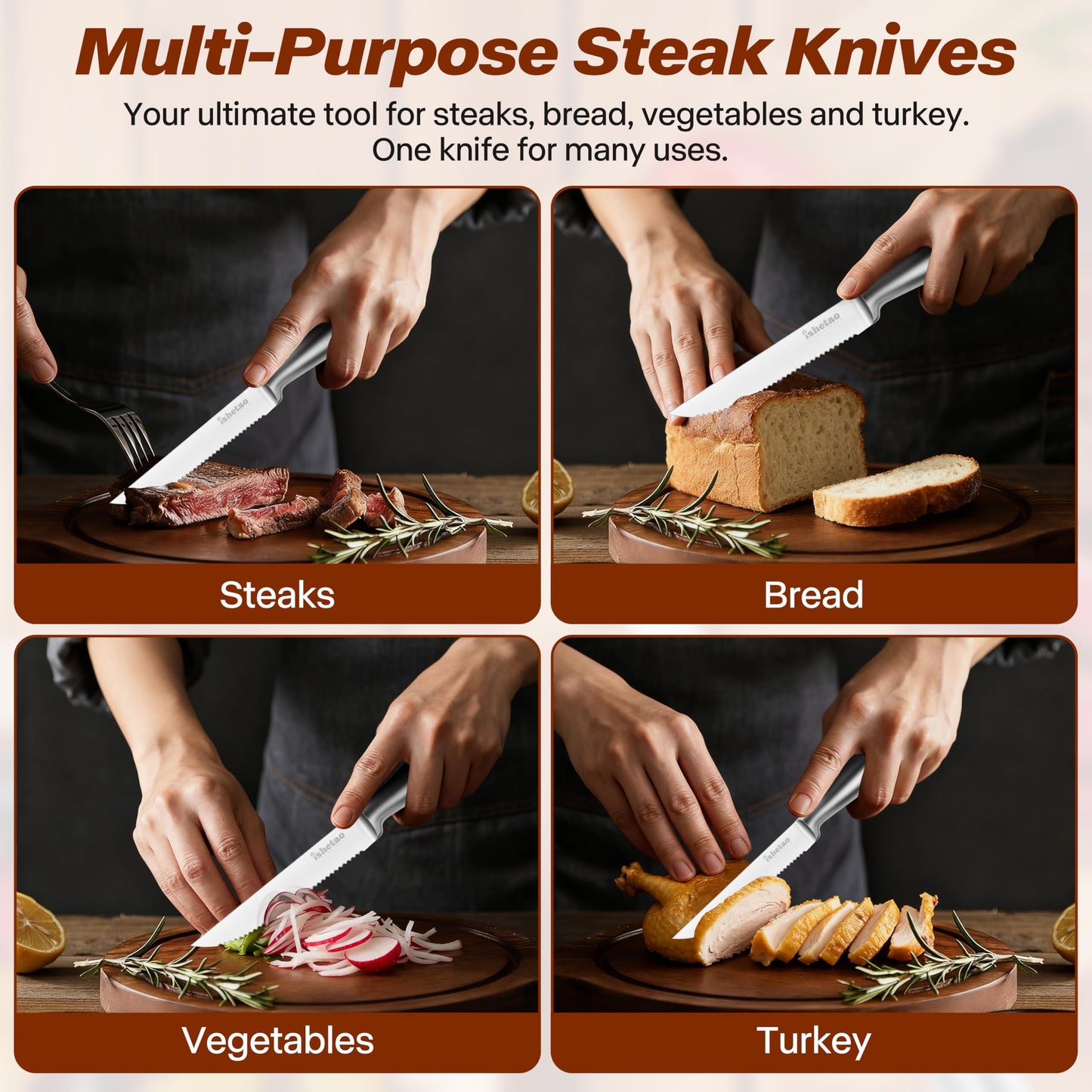 isheTao Steak Knives, 4.5 inches Steak Knife Set of 6, Dishwasher Safe High Carbon Stainless Steel Steak Knife, Silver