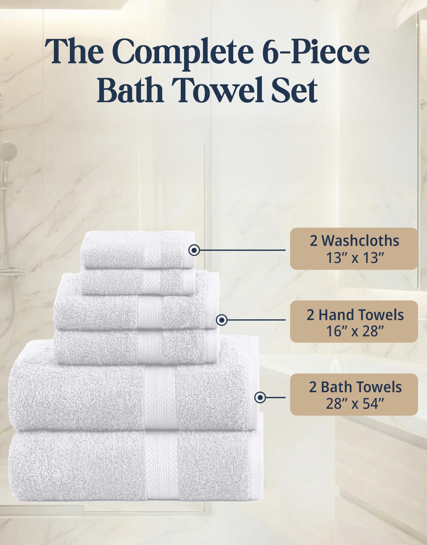 White Bath Towels for Bathroom Set-100% Cotton 6 PC Bathroom Towels, Super Soft Hotel Collection Bath Towels Set - 2 Bath Towel Set, 2 Hand Towel, 2 White Washcloths - White Towels Bathroom Sets