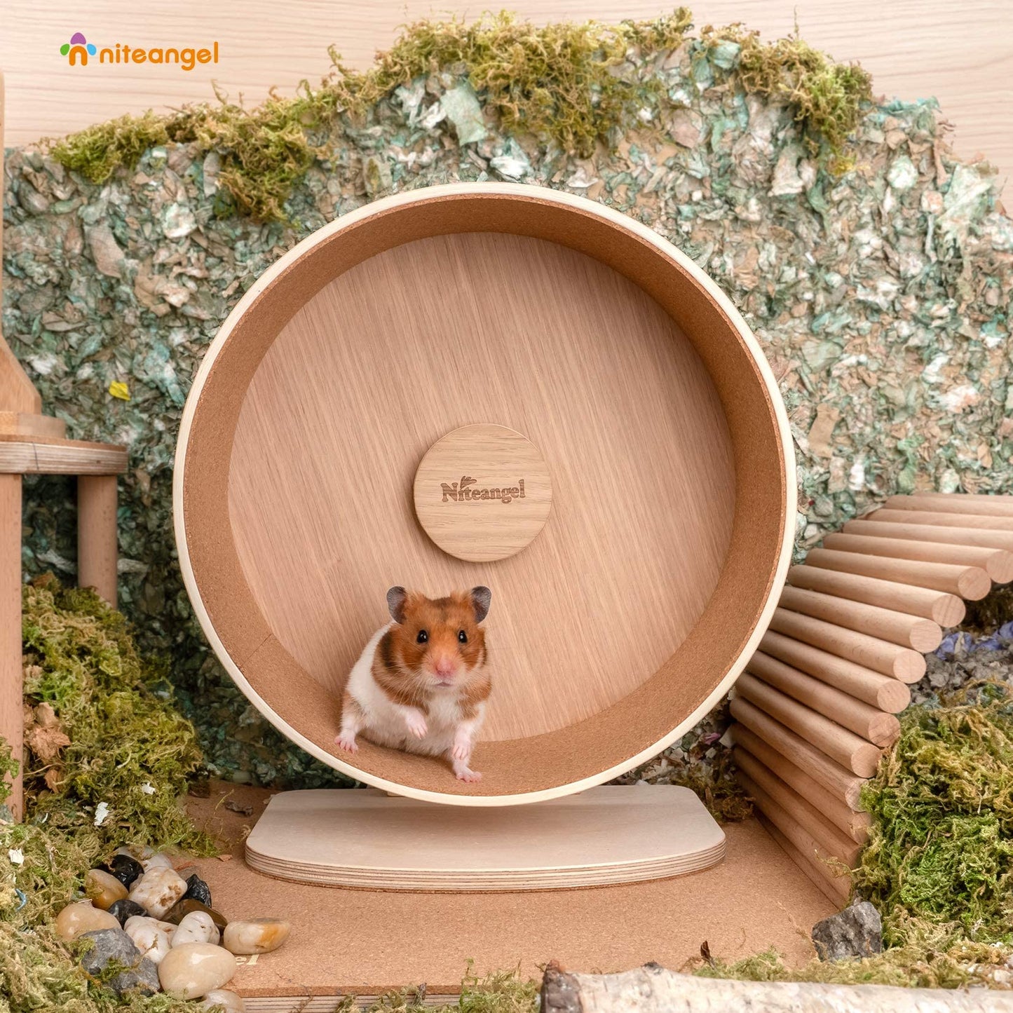 Niteangel Wooden Hamster Exercise Wheel: - Silent Hamster Running Wheel for Hamsters Gerbil Mice and Other Similar-Sized Small Pets (Medium)