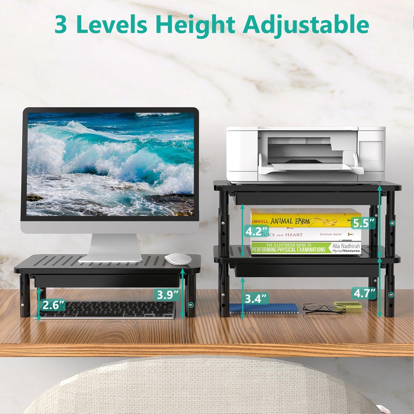 WALI Monitor Stand Riser, Adjustable Laptop Stand Riser, 3 Height Adjustable Computer Stand with Drawer, Underneath Storage for Office, Home, School Supplies (STT003D-2B), 2 Pack, Black