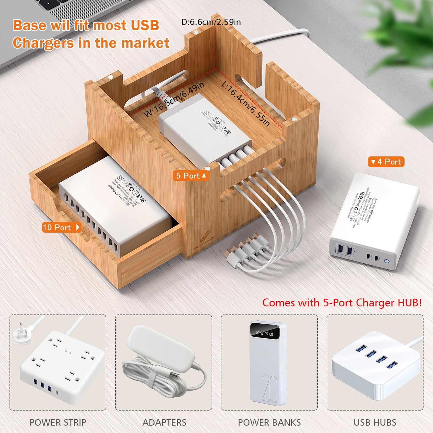 Pezin & Hulin Multi Device Charging Station, with Charger HUB Adapter, All in One Large Dock Organizer Drawer Storage, Compatible with Phones, Tablets, Earbuds (5 Mixed Cables Included)