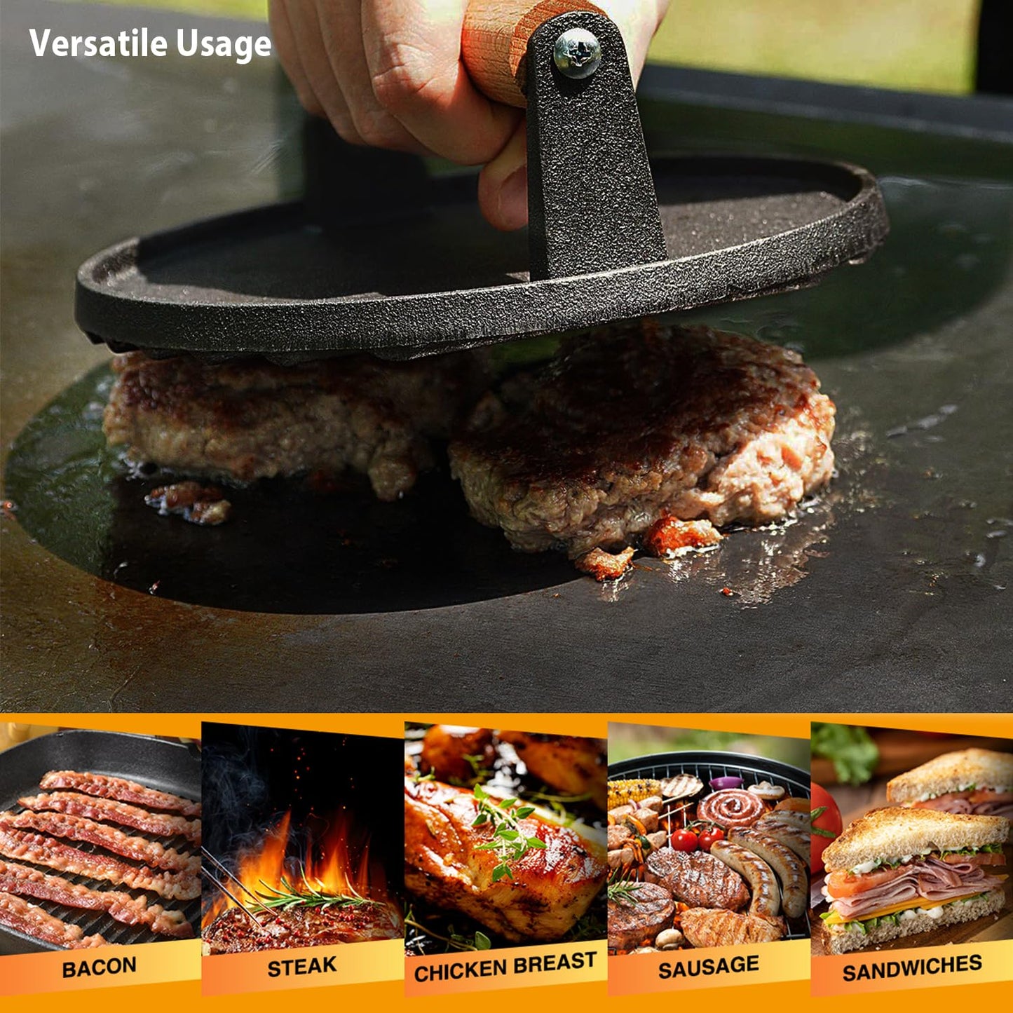 Smash Burger Press kit - 2 lb Round & 1.8 lb Rectangle Cast Iron Burger Press - Griddle Spatula - 3 in 1 Hamburger Patty Maker - 50 Patty Papers, Bacon Press with Wood Handle for BBQ Grill Accessories