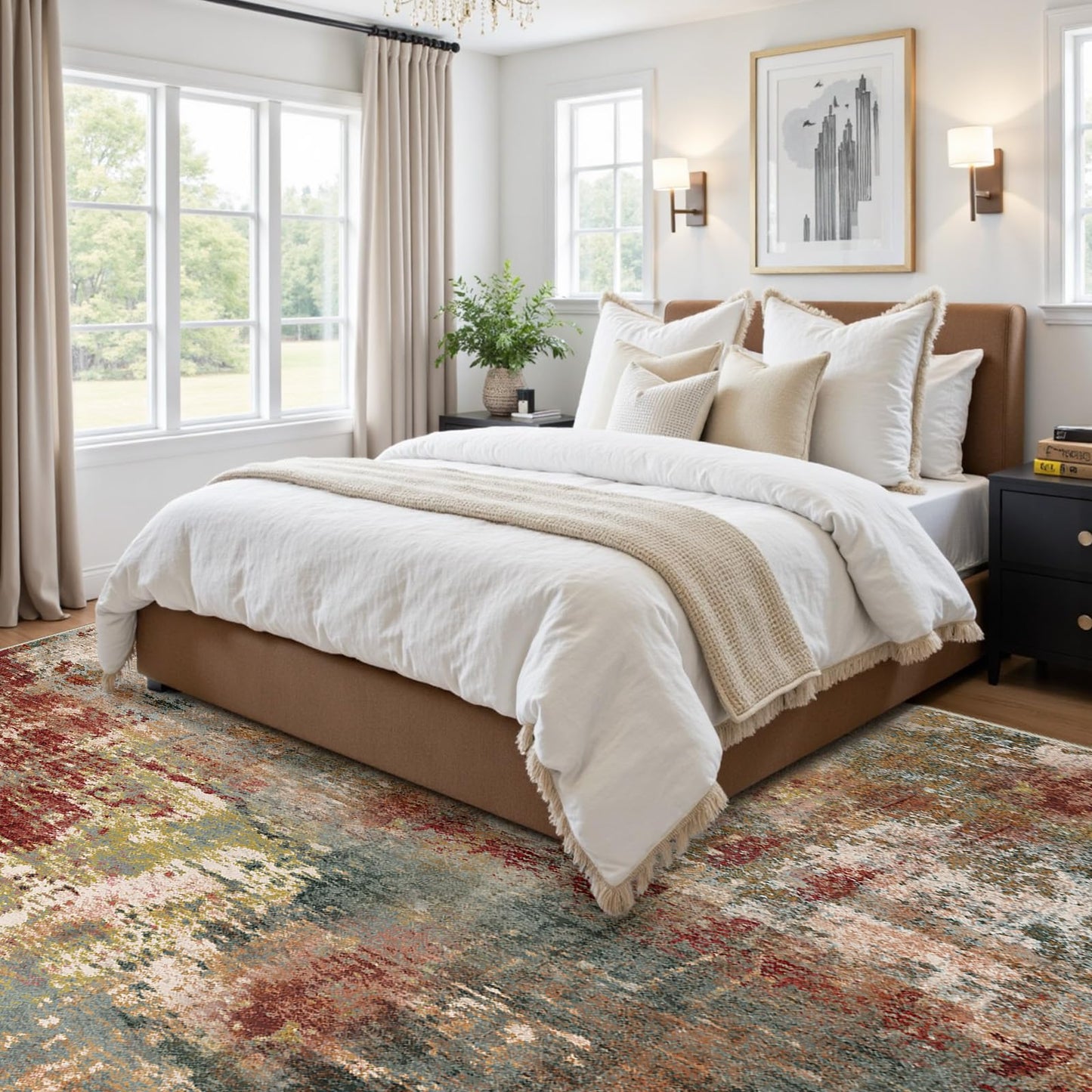 RELEANY Washable Area Rug 5'x7' Non-Slip Indoor Modern Abstract Low Pile Soft Carpet Rugs for Living Room Bedroom Home Entryway, Print Pattern, Brown Rust Red Green Blue Multi
