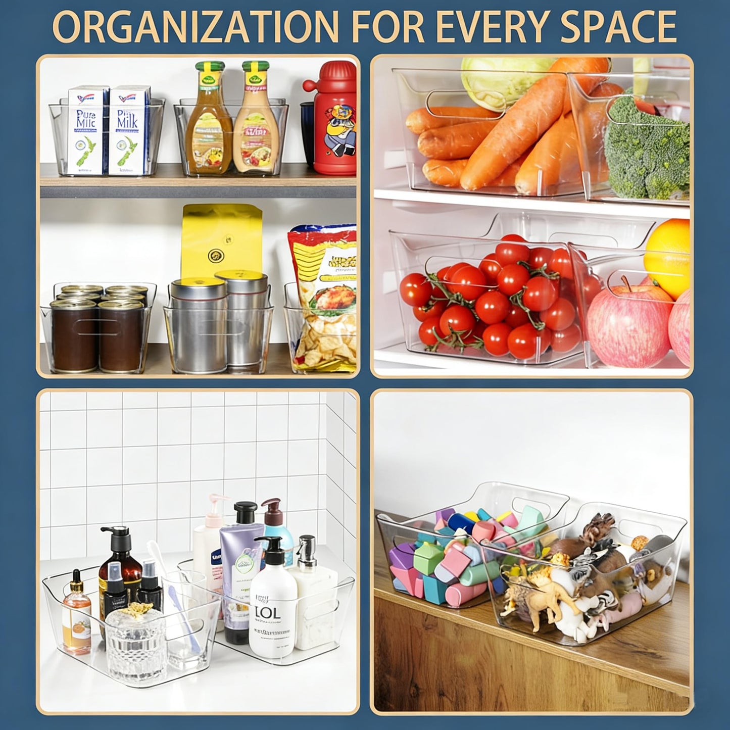 12 Pack Plastic Storage Bins, Multi-Use Organizer Bins, Pantry Organizer, Clear Storage Containers, Bins for Home & Kitchen