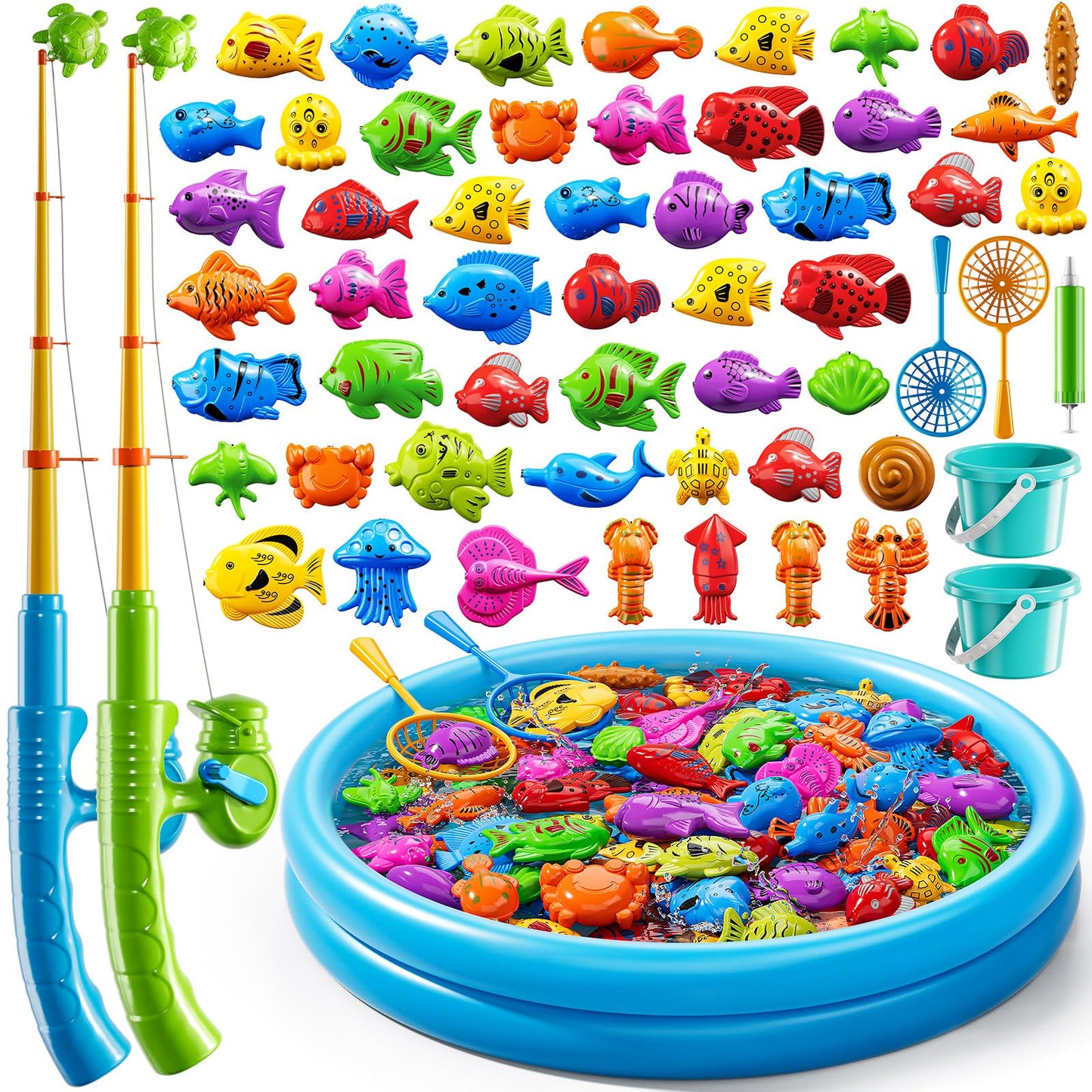 KIZONLY Magnetic Fishing Game for Kids 3-5 4-8 - Fish Toys for Kids 3-5, Bathtub Floating Fishing Pole, Water Table Pool, Rod Net and Pail, Bath Outdoor Gifts for Toddlers Age 3 4 5 6 7 8 Year Old