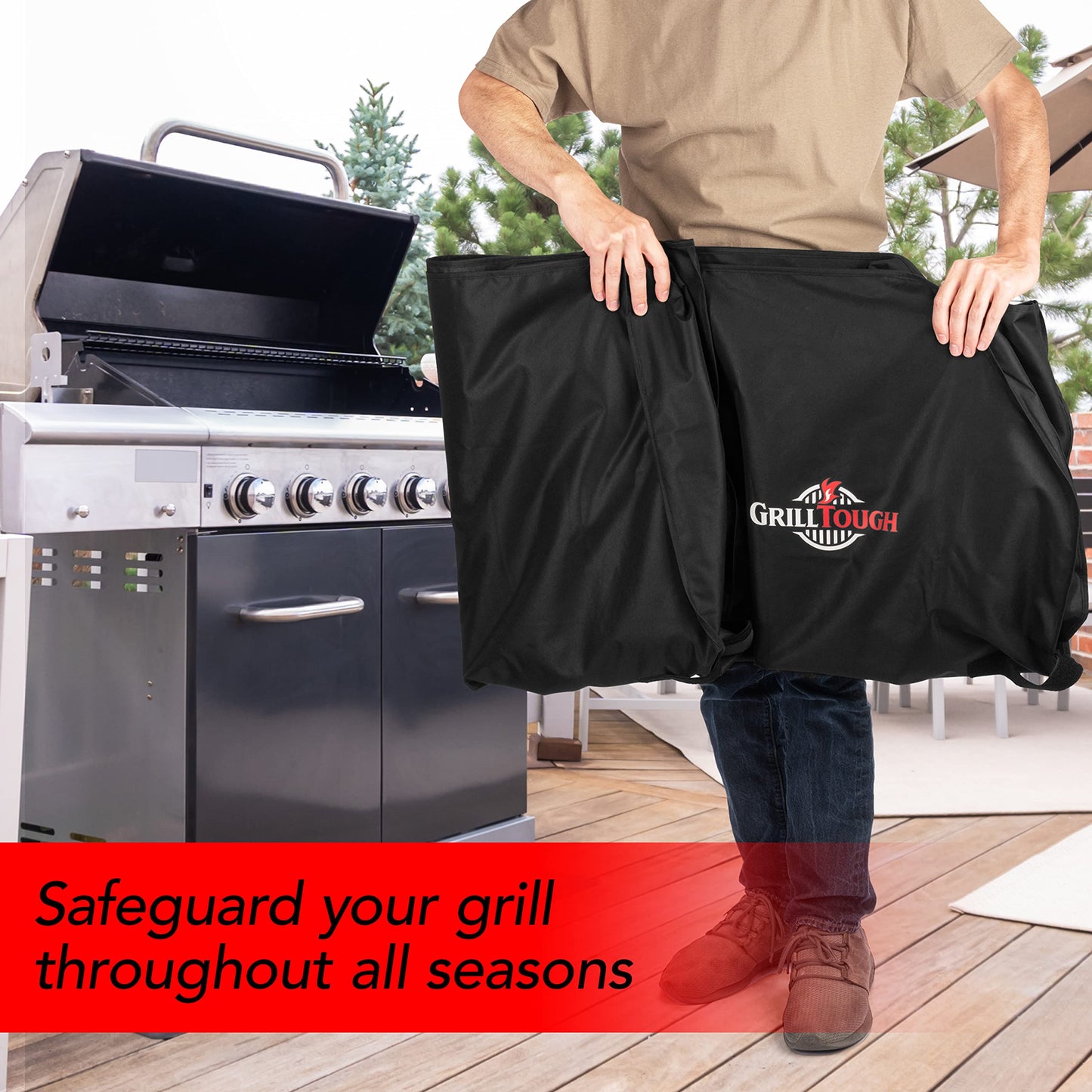 GrillTough Heavy Duty BBQ Grill Cover for Outdoor Grill, 58 Inch – Waterproof, Weather Resistant, UV & Fade Resistant with Fastening Straps – Gas Grill Cover for Weber, Genesis, Charbroil, etc. Black
