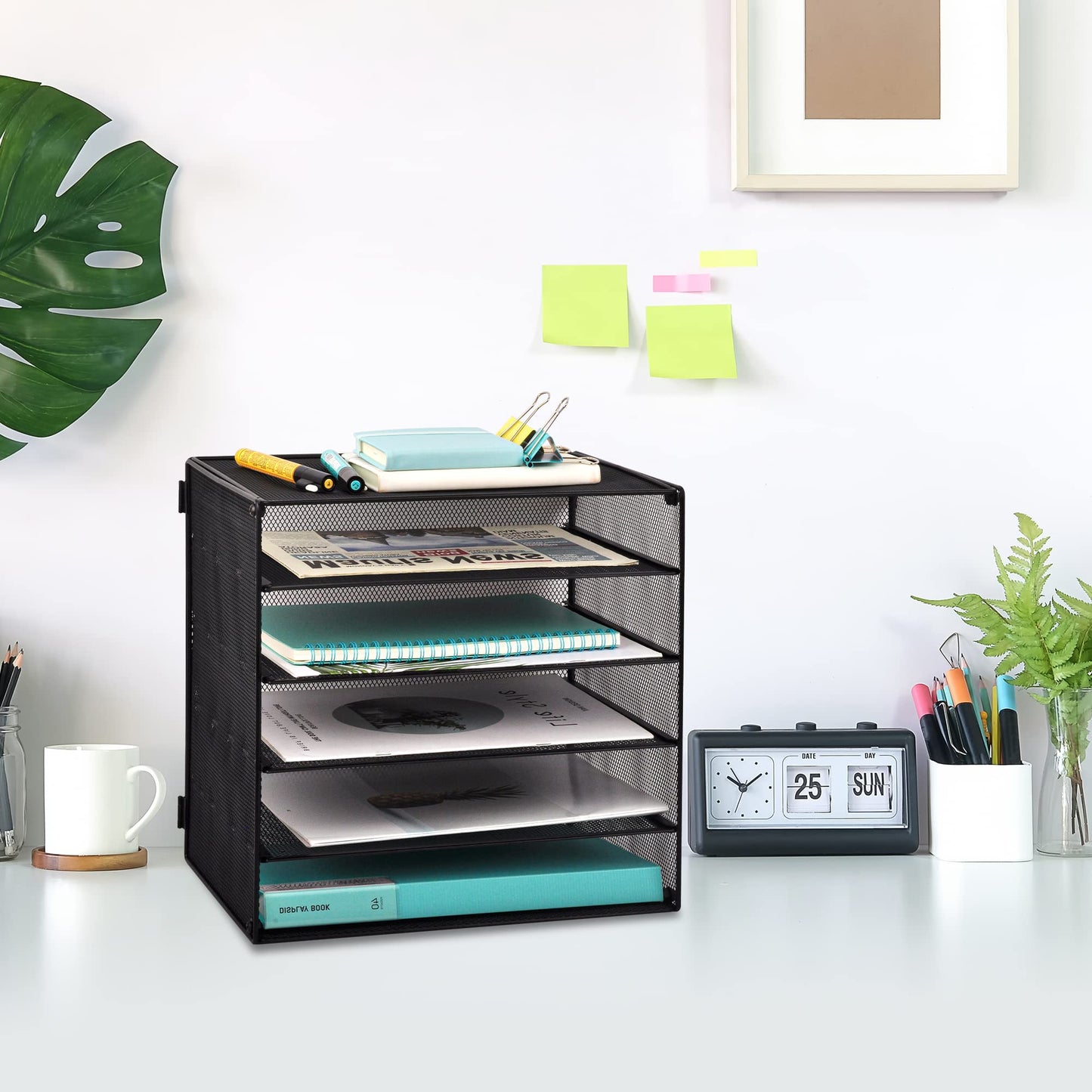 EASEPRES 6 Slot Wire Desk File Organizer Tray, Mesh Filling Paper Letter Tray Metal Desktop Paper Sorter Literature Organizer Rack for Home Office School, Black