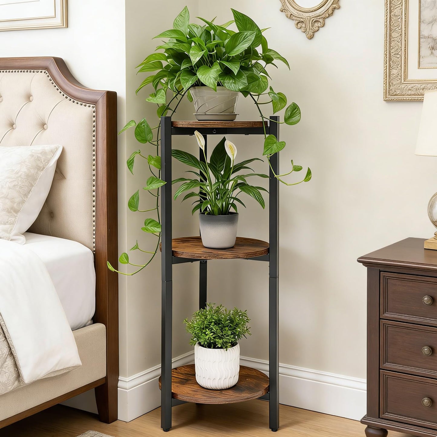 ZBBCTUS Plant Stand Indoor, Corner 3 Tier Tall Plant Stand Shelf with Brown Round Wooden Shelves, Heavy Duty Metal Frame Plant Holder, Sturdy Storage Rack for Living Room Balcony Garden Outdoor