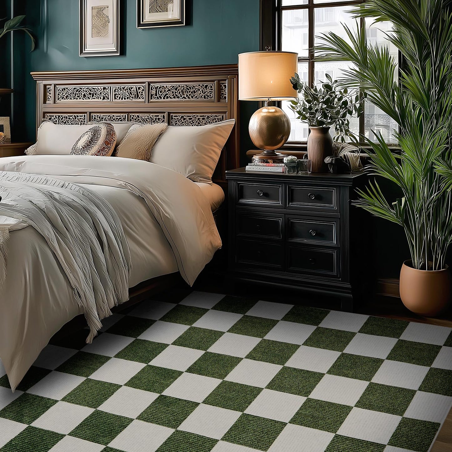 Area Rugs 5x7 for Living Room, Washable Low-Pile Checkered Boho Large Rug for Bedrooms, Non-Slip Soft Flat Print Plaid Carpet for Classroom, ‎Dining Room, Office, Kids Playroom(Green and White)